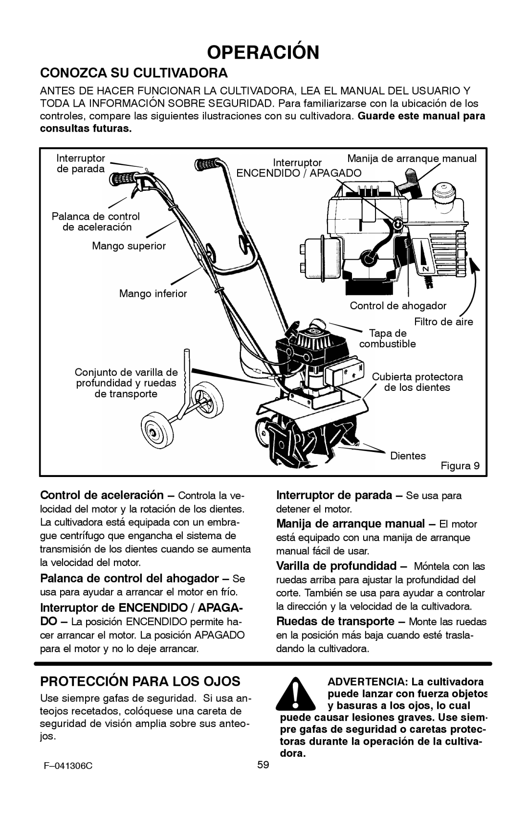 Murray 11052x4NC manual Operación, Conozca SU Cultivadora, Protección Para LOS Ojos 