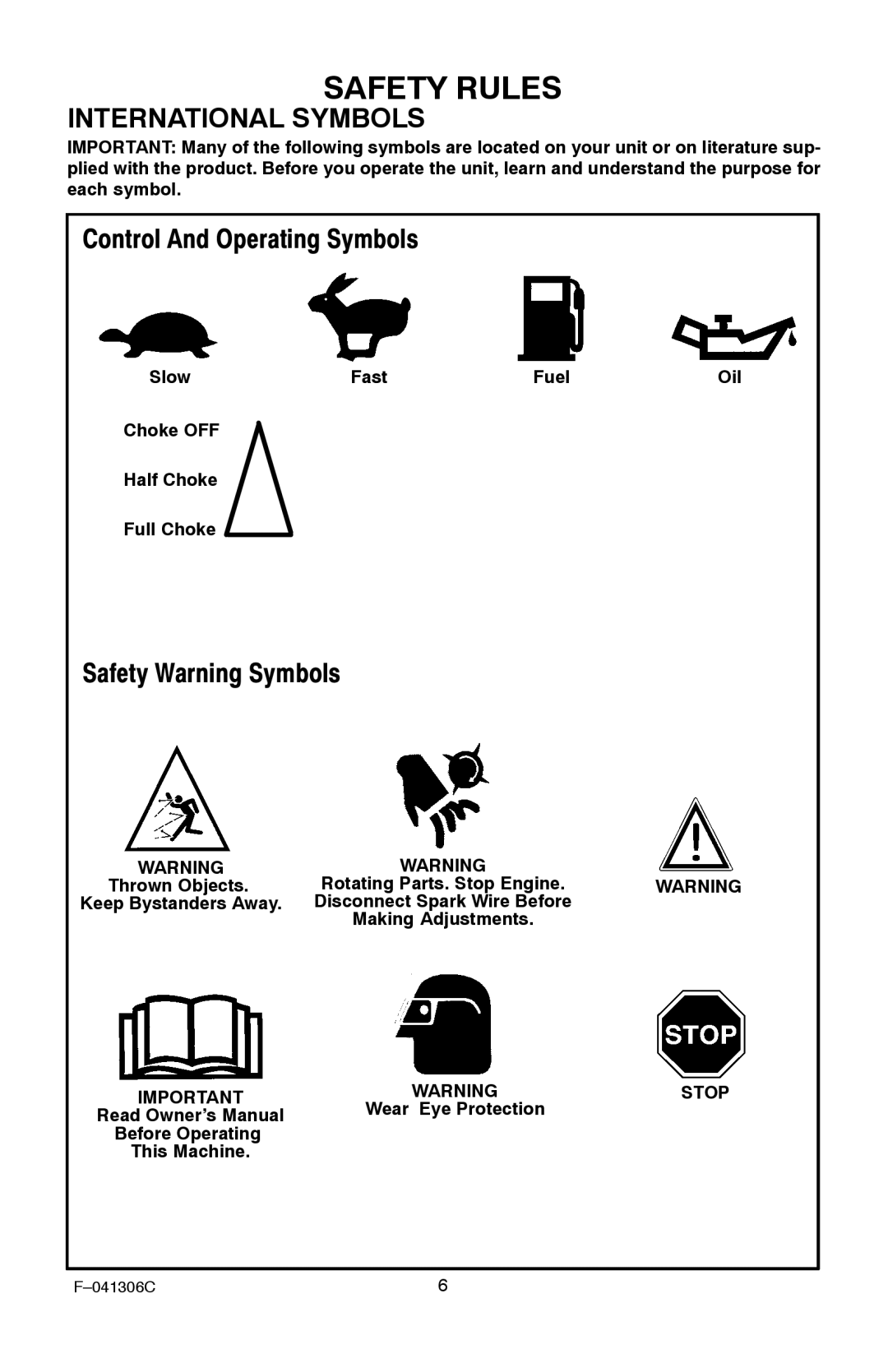 Murray 11052x4NC manual International Symbols, Slow Fast Fuel Oil Choke OFF Half Choke Full Choke 