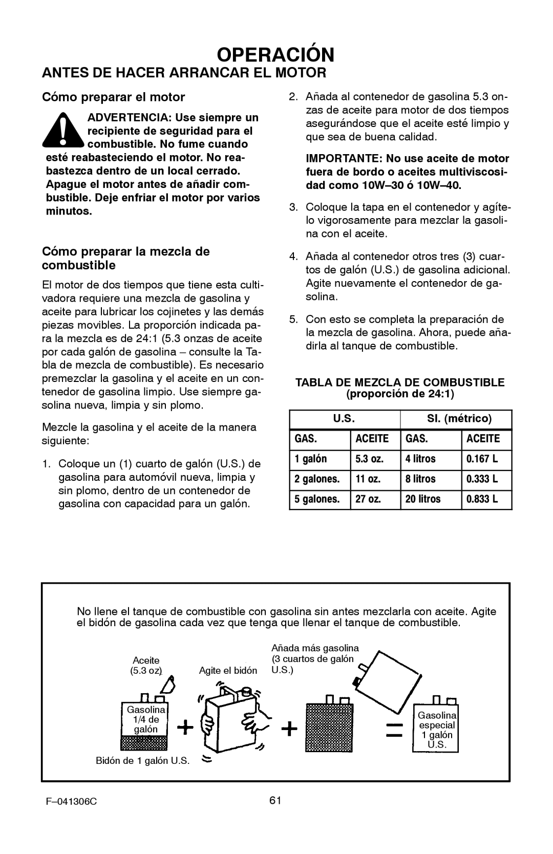 Murray 11052x4NC manual Antes DE Hacer Arrancar EL Motor, Cómo preparar el motor, Cómo preparar la mezcla de combustible 