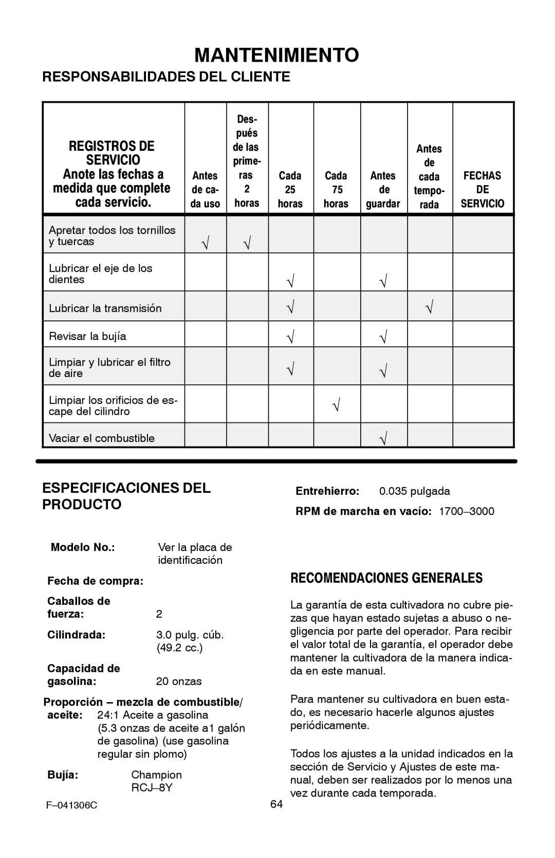 Murray 11052x4NC manual Mantenimiento, Responsabilidades DEL Cliente, Especificaciones DEL Producto 