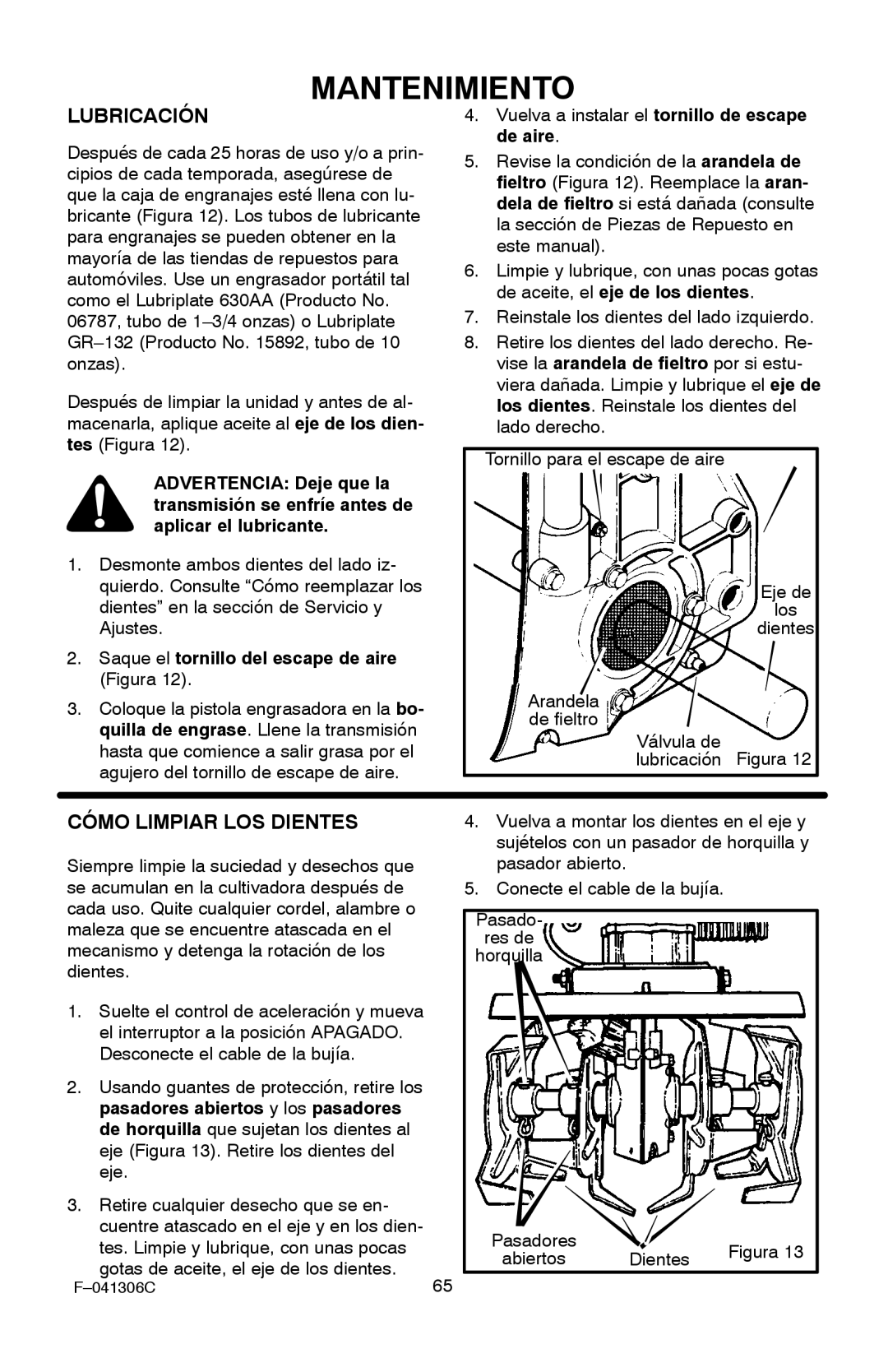 Murray 11052x4NC manual De aire, De aceite, el eje de los dientes, Saque el tornillo del escape de aire Figura 