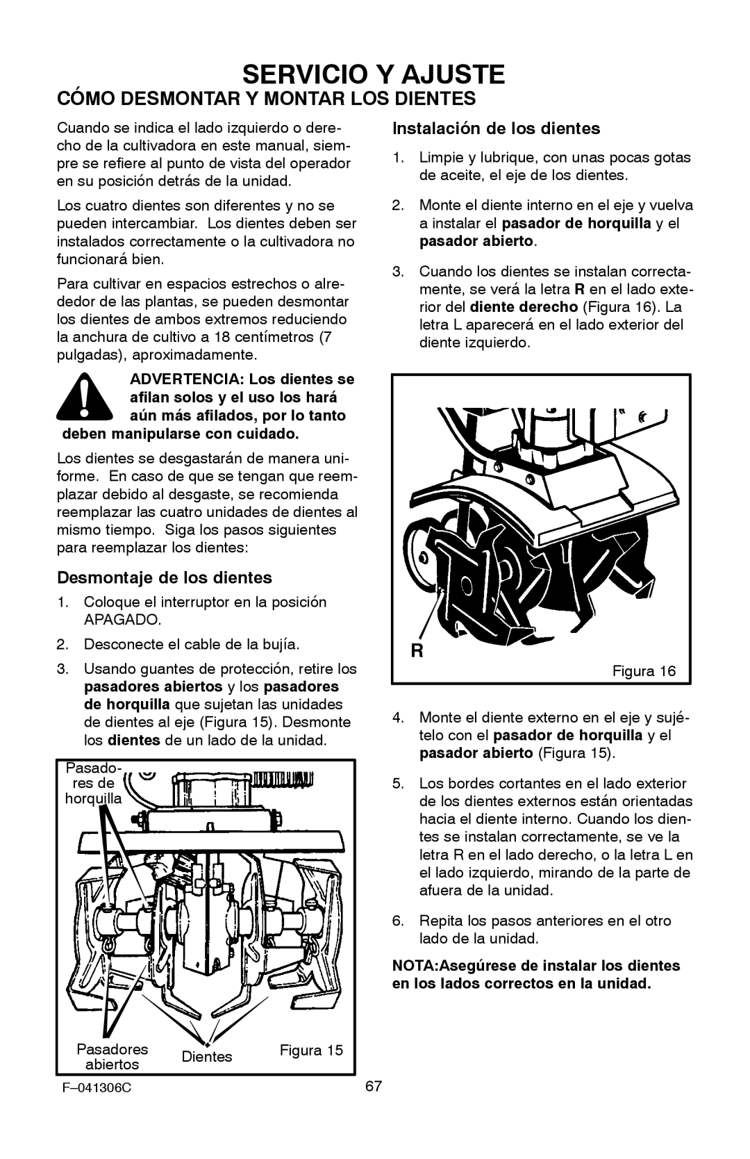 Murray 11052x4NC manual Servicio Y Ajuste, Cómo Desmontar Y Montar LOS Dientes, Desmontaje de los dientes 