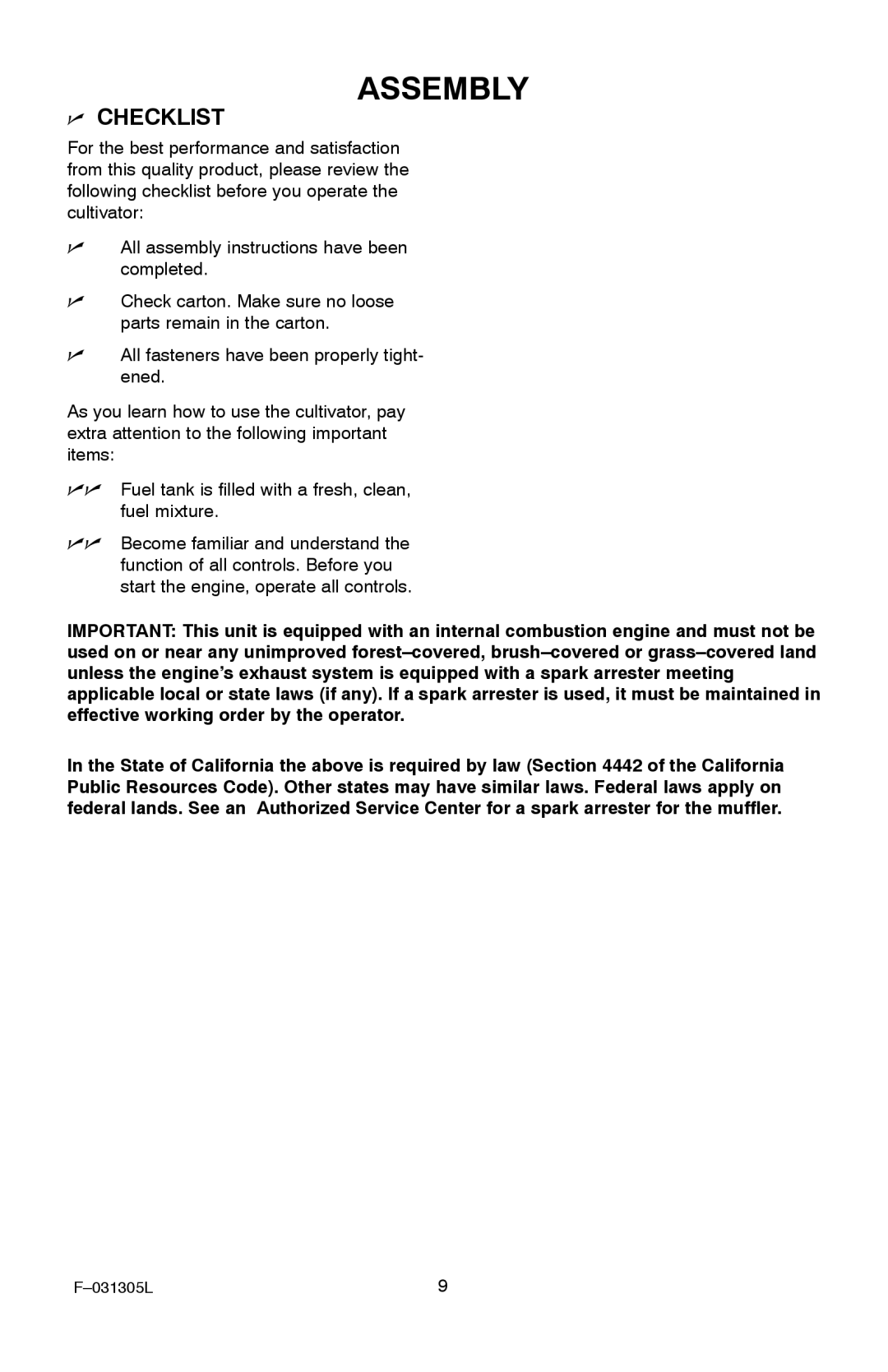 Murray 11052x92D manual Checklist 