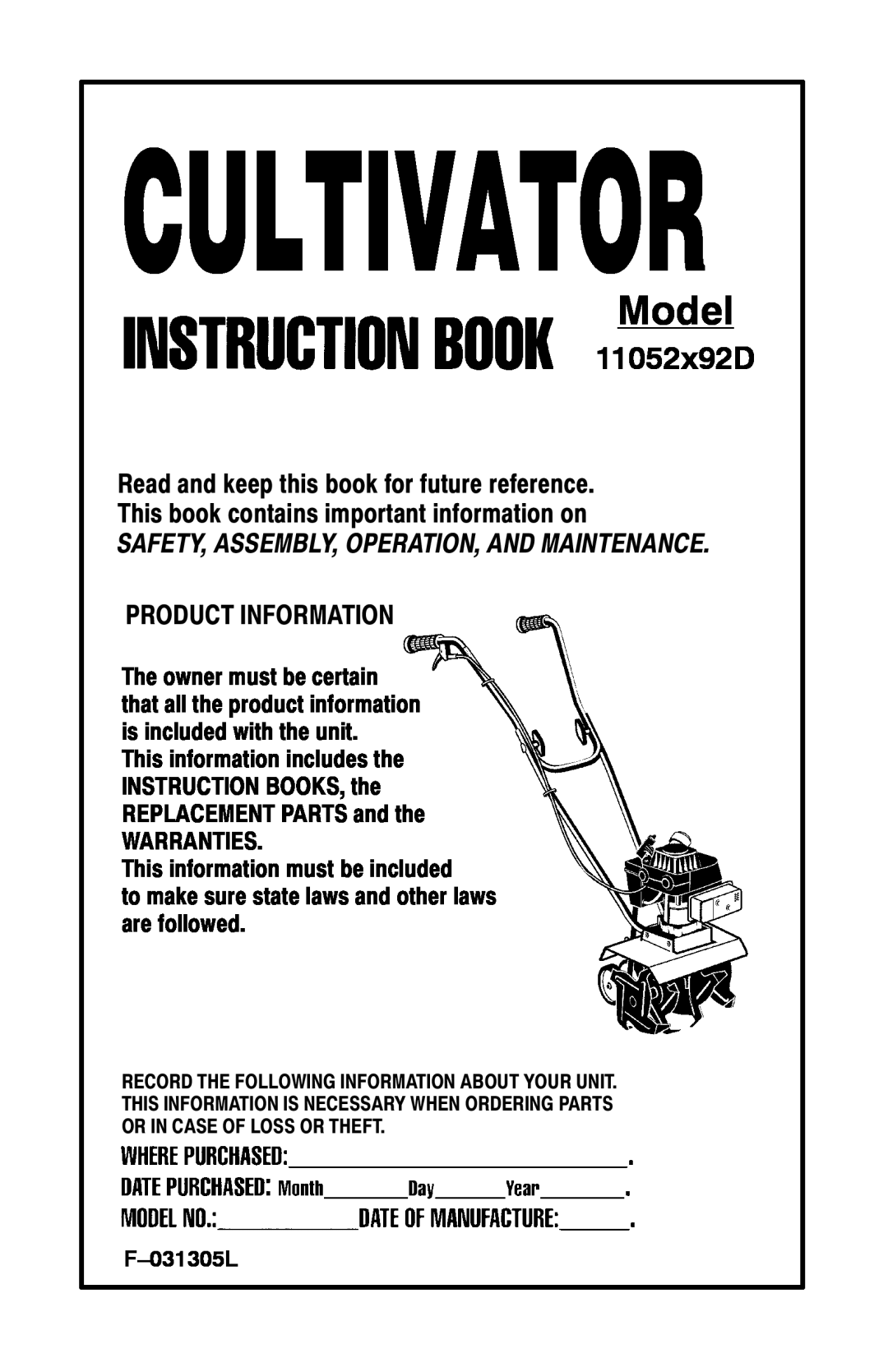 Murray 11052x92D manual Read and keep this book for future reference, This book contains important information on, Model 