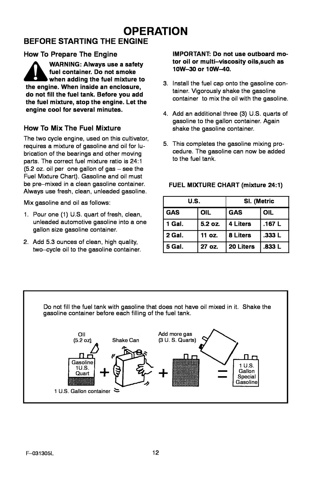Murray 11052x92D manual Operation, Before Starting The Engine, How To Prepare The Engine, How To Mix The Fuel Mixture 