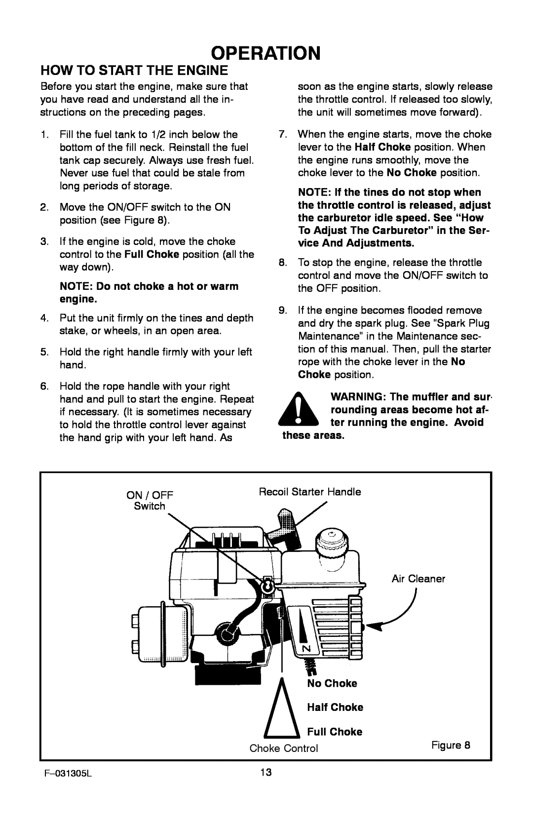 Murray 11052x92D manual Operation, How To Start The Engine, NOTE Do not choke a hot or warm engine, these areas, No Choke 