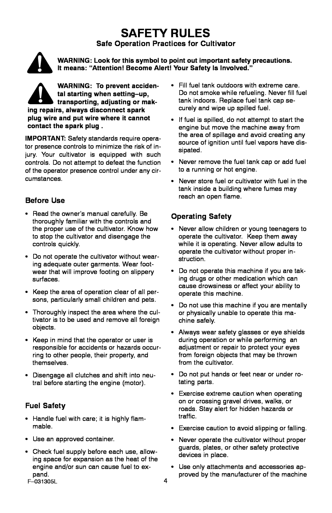Murray 11052x92D manual Safety Rules, Safe Operation Practices for Cultivator, Before Use, Operating Safety, Fuel Safety 