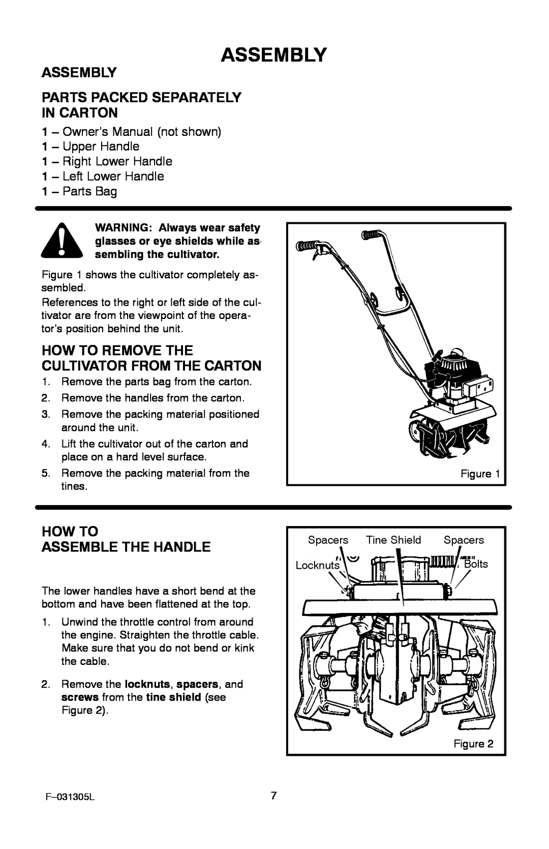 Murray 11052x92D manual Assembly, Parts Packed Separately In Carton, How To Remove The Cultivator From The Carton 