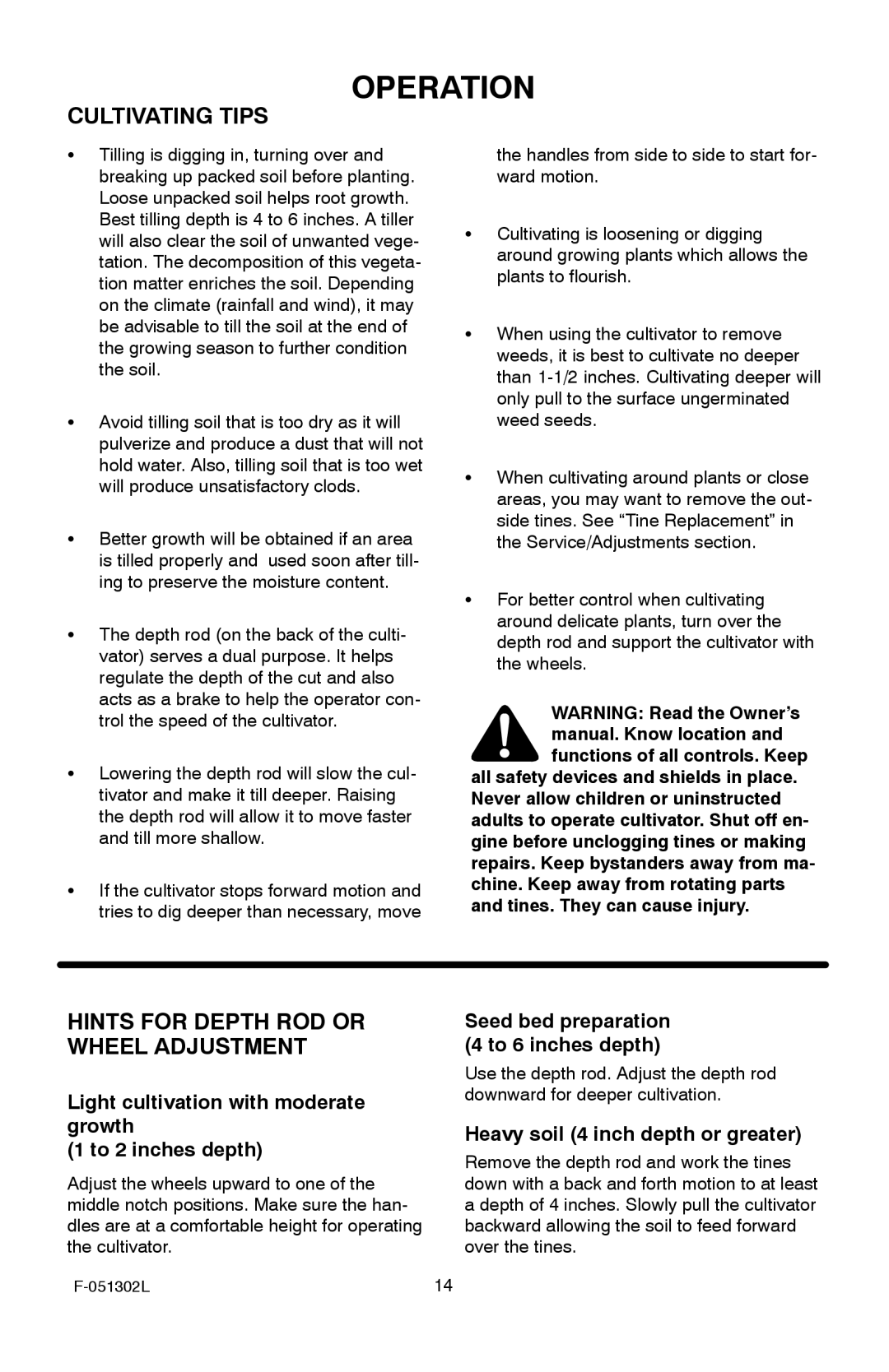 Murray 11053x92a manual Cultivating Tips, Hints for Depth ROD or Wheel Adjustment, Seed bed preparation 4 to 6 inches depth 
