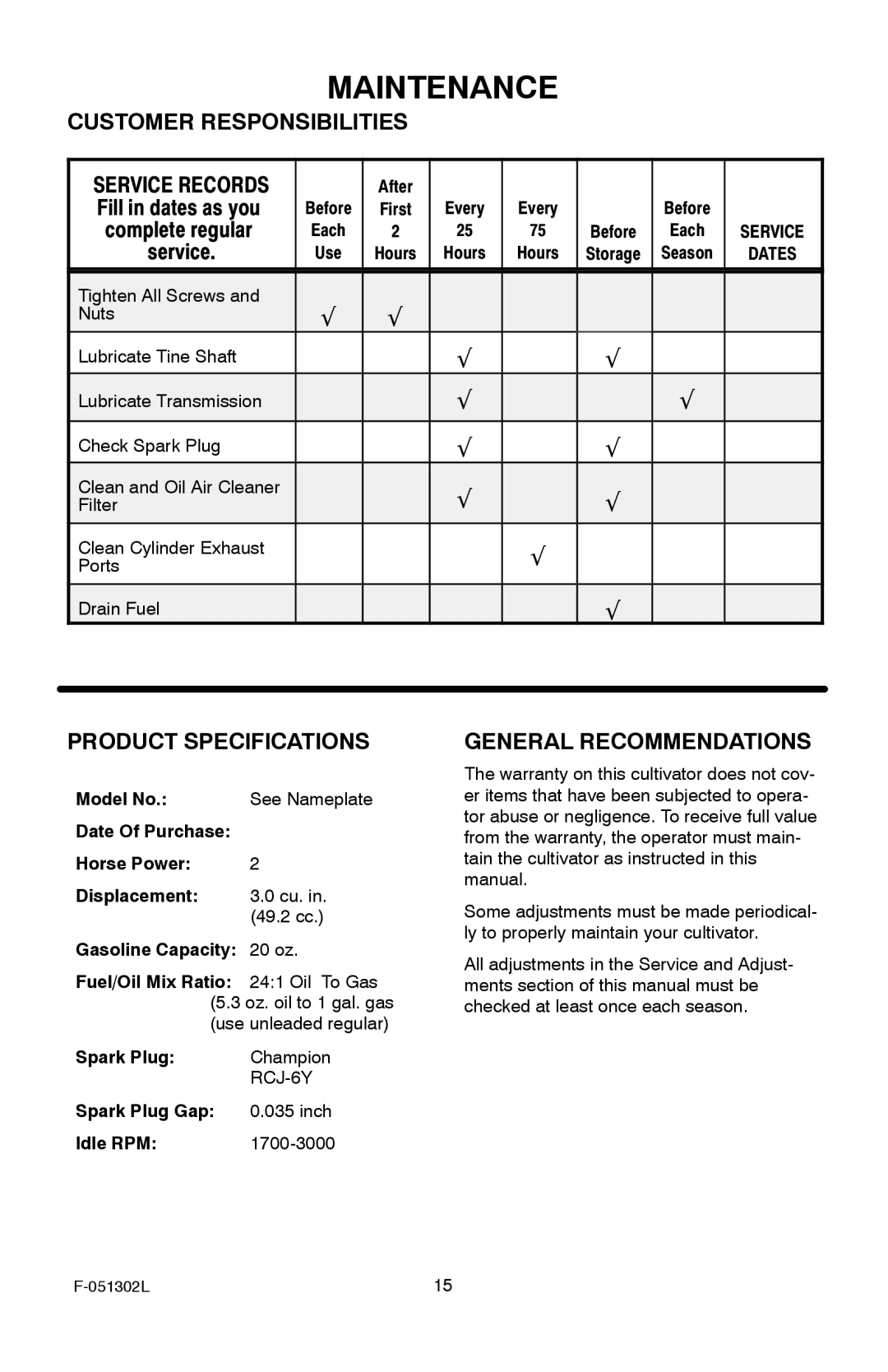 Murray 11053x92a manual Maintenance, Customer Responsibilities, Product Specifications, General Recommendations 