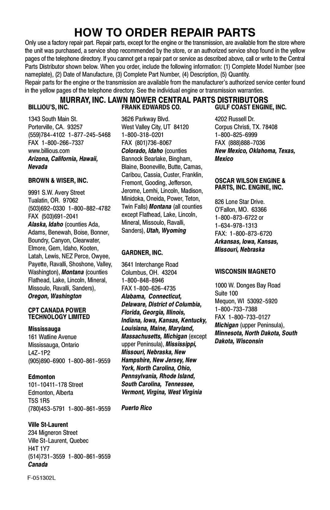 Murray 11053x92a manual HOW to Order Repair Parts, MURRAY, INC. Lawn Mower Central Parts Distributors 