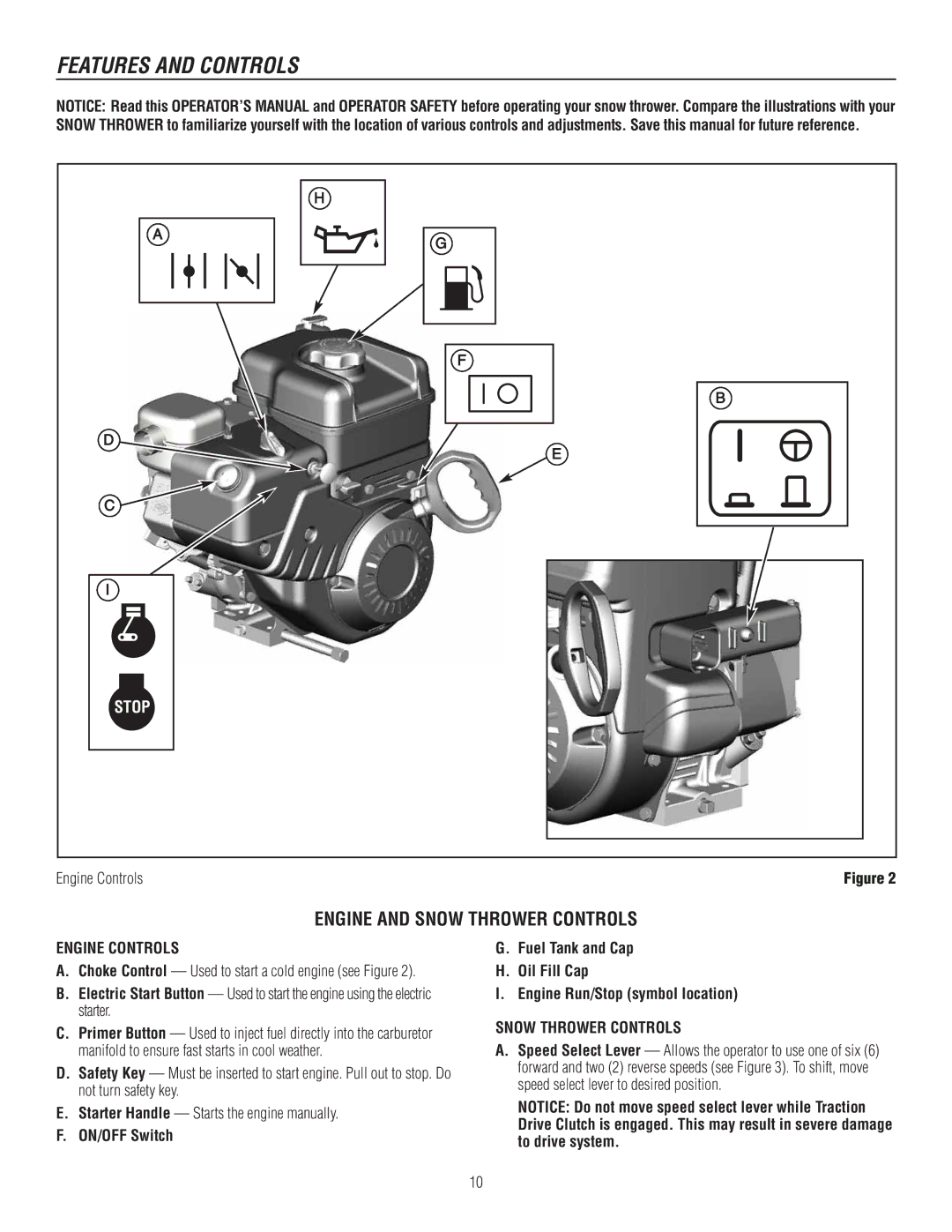 Murray 1695720, 1737921 manual Features and Controls, Engine and Snow Thrower Controls 