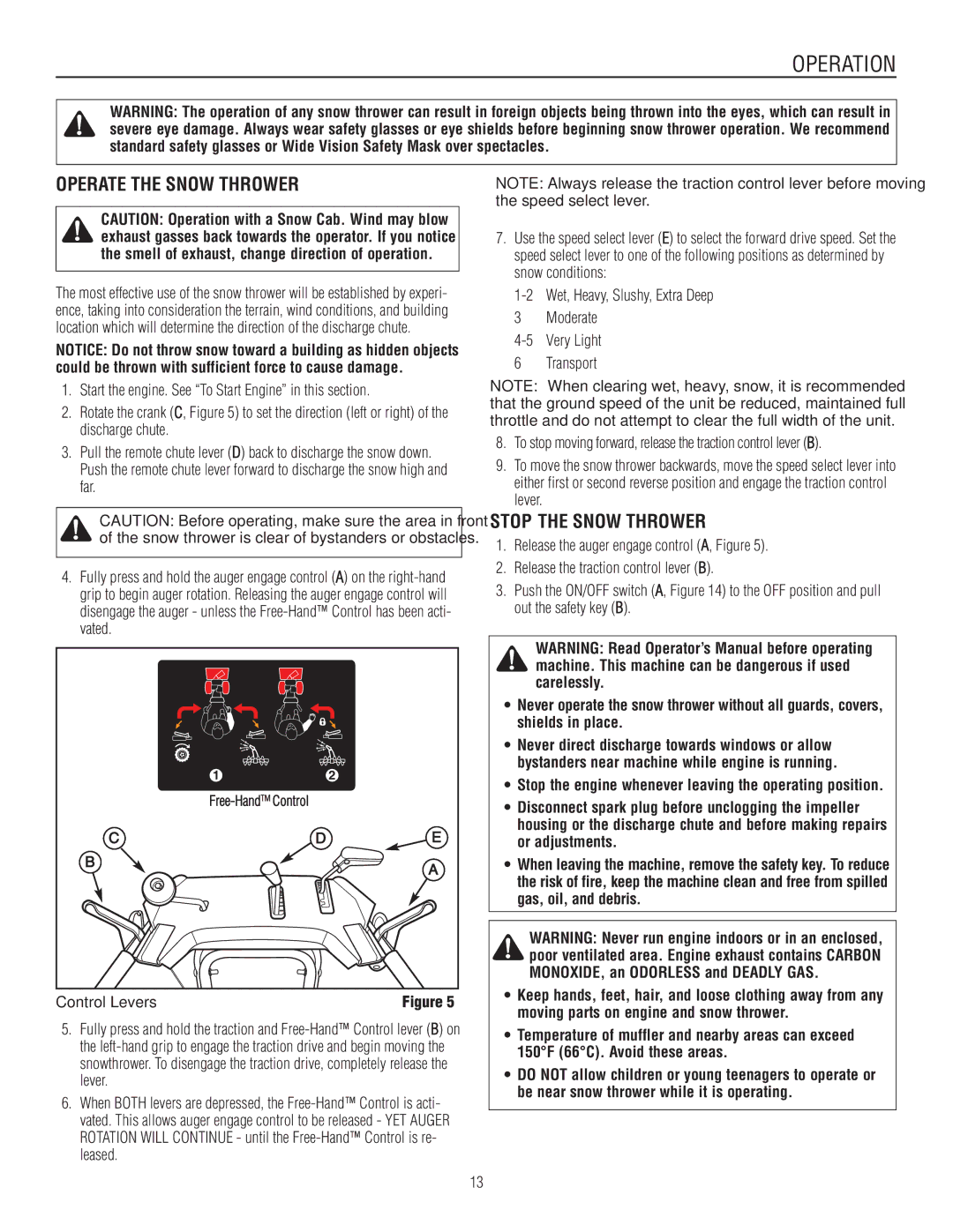 Murray 1737921, 1695720 manual Operate the Snow Thrower, Stop the Snow Thrower, Control Levers 