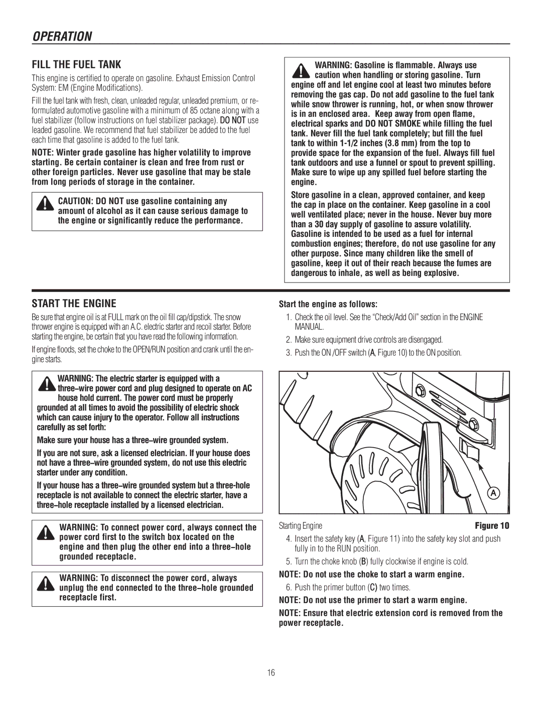 Murray 1695720, 1737921 manual Fill the Fuel Tank, Start the Engine, Starting Engine 