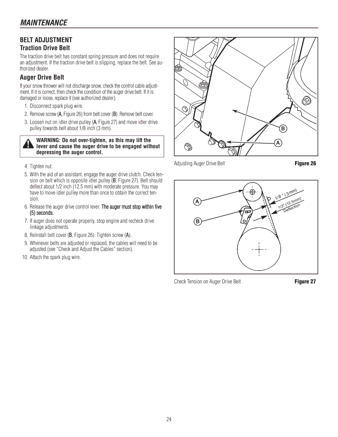 Murray 1695720, 1737921 manual Belt Adjustment, Seconds, Adjusting Auger Drive Belt, Check Tension on Auger Drive Belt 