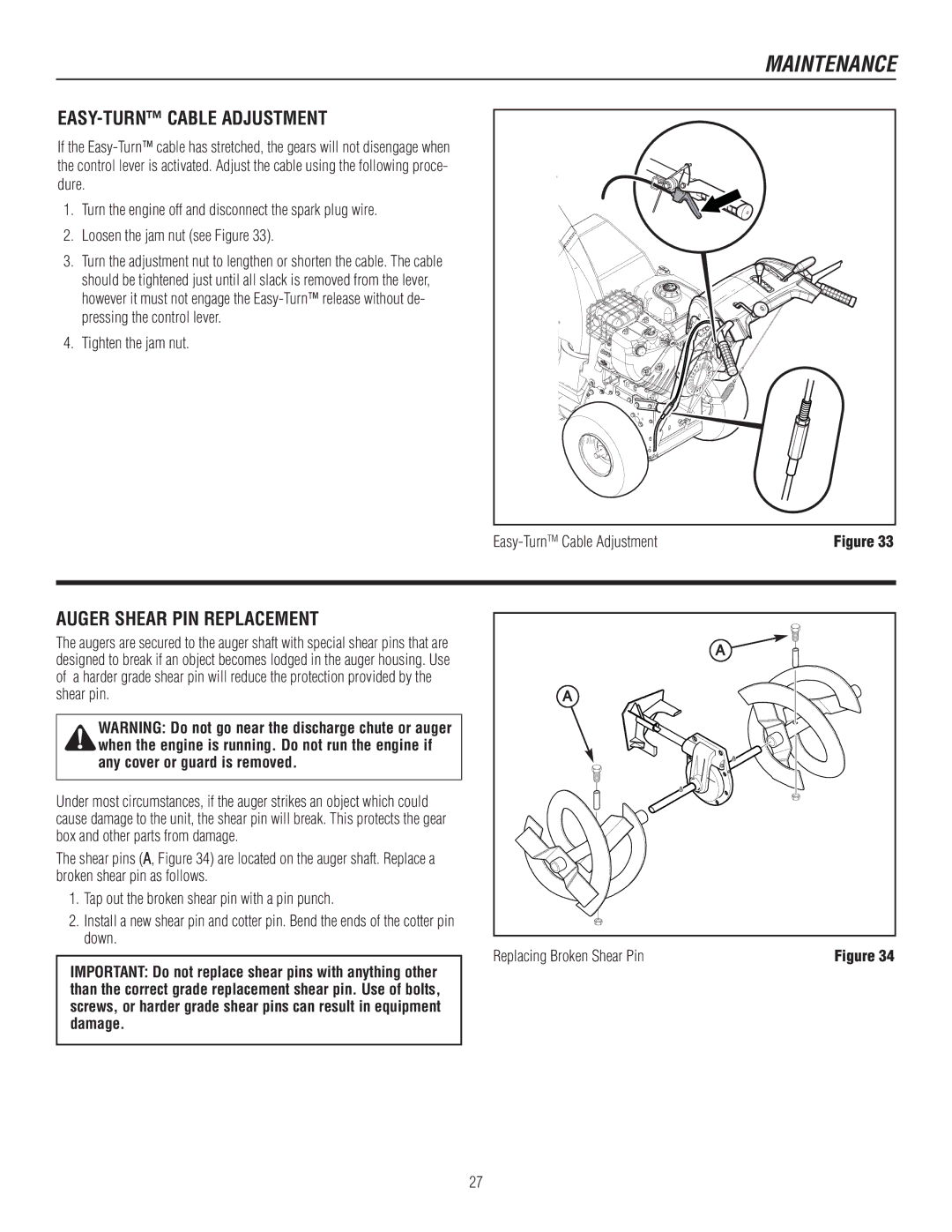 Murray 1737921, 1695720 manual EASY-TURN Cable Adjustment, Auger Shear PIN Replacement 