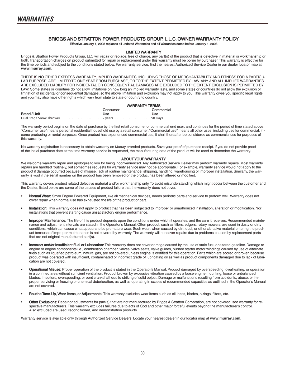 Murray 1695720, 1737921 manual Warranties, Limited Warranty 