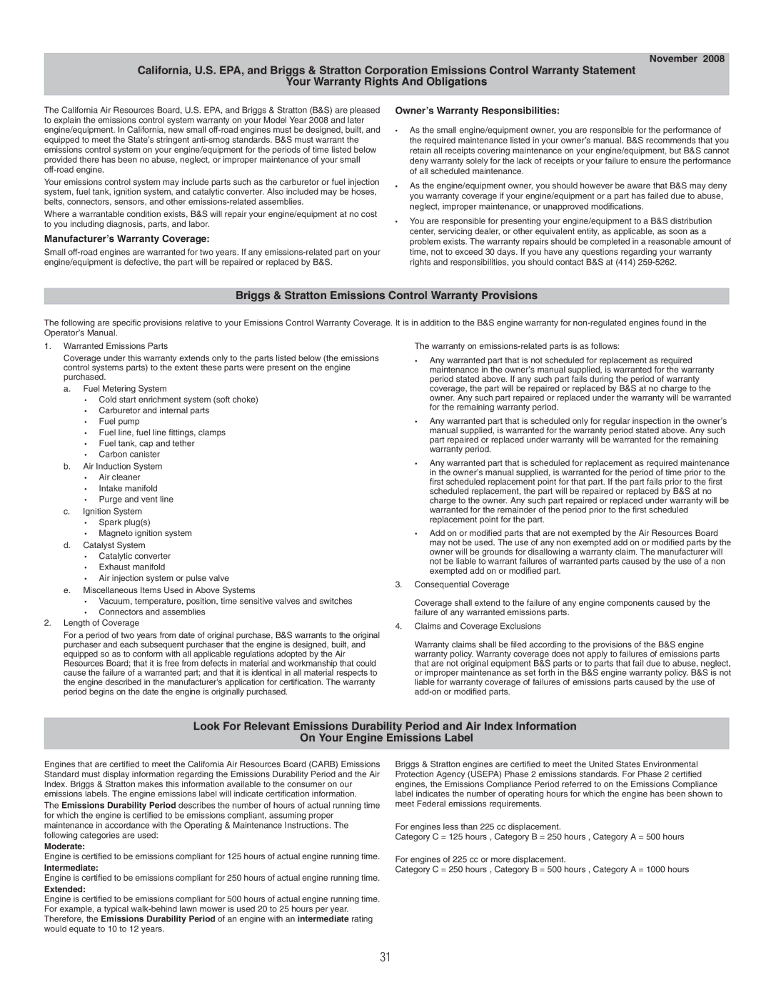 Murray 1737921, 1695720 manual Briggs & Stratton Emissions Control Warranty Provisions 