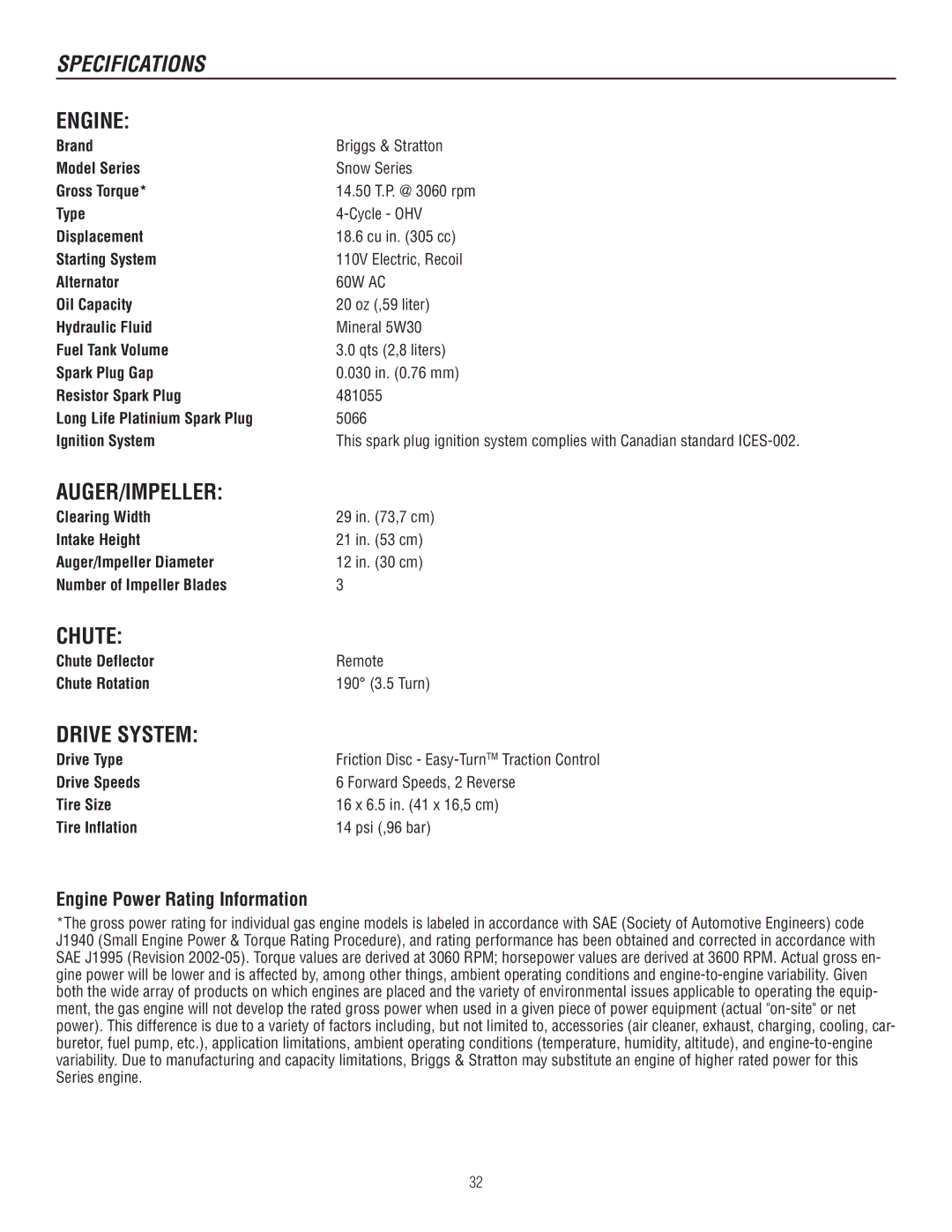 Murray 1695720, 1737921 manual Specifications, Clearing Width, Chute Deflector Remote Chute Rotation, Drive Type 