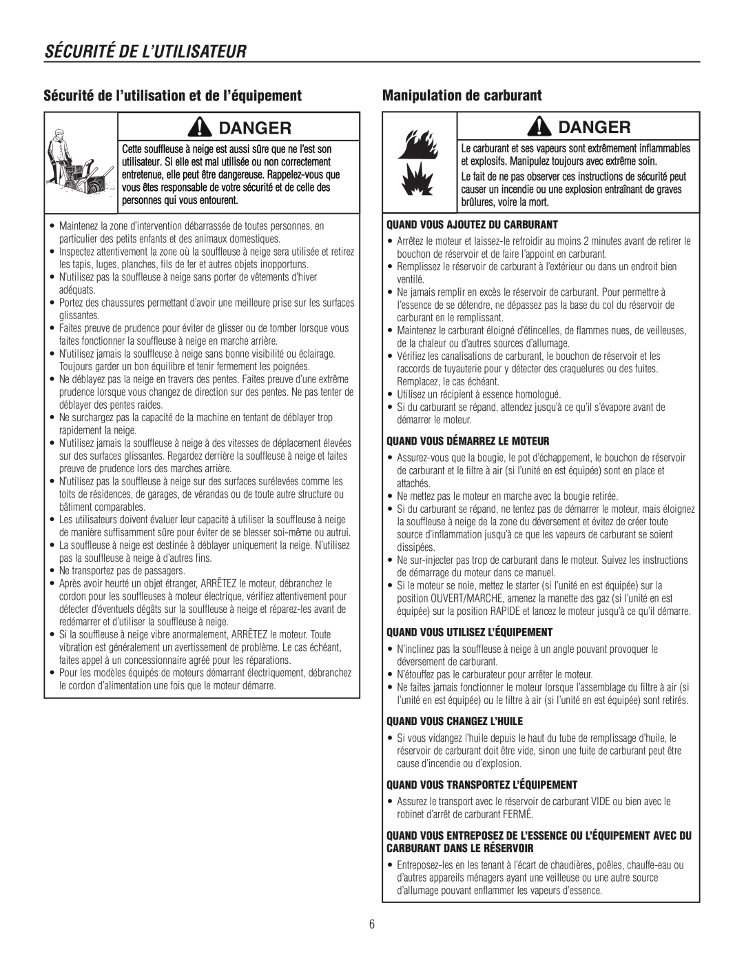 Murray 1695720, 1737921 manual Sécurité de l’utilisation et de l’équipement 