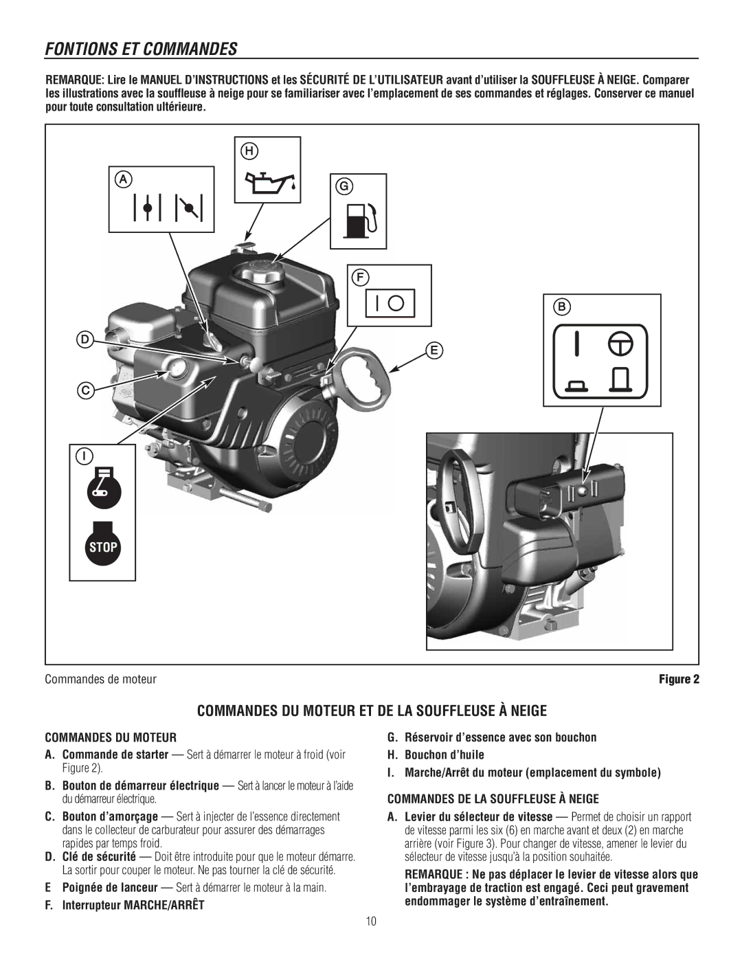 Murray 1695720, 1737921 manual Commandes DU Moteur ET DE LA Souffleuse À Neige, Commandes de moteur 