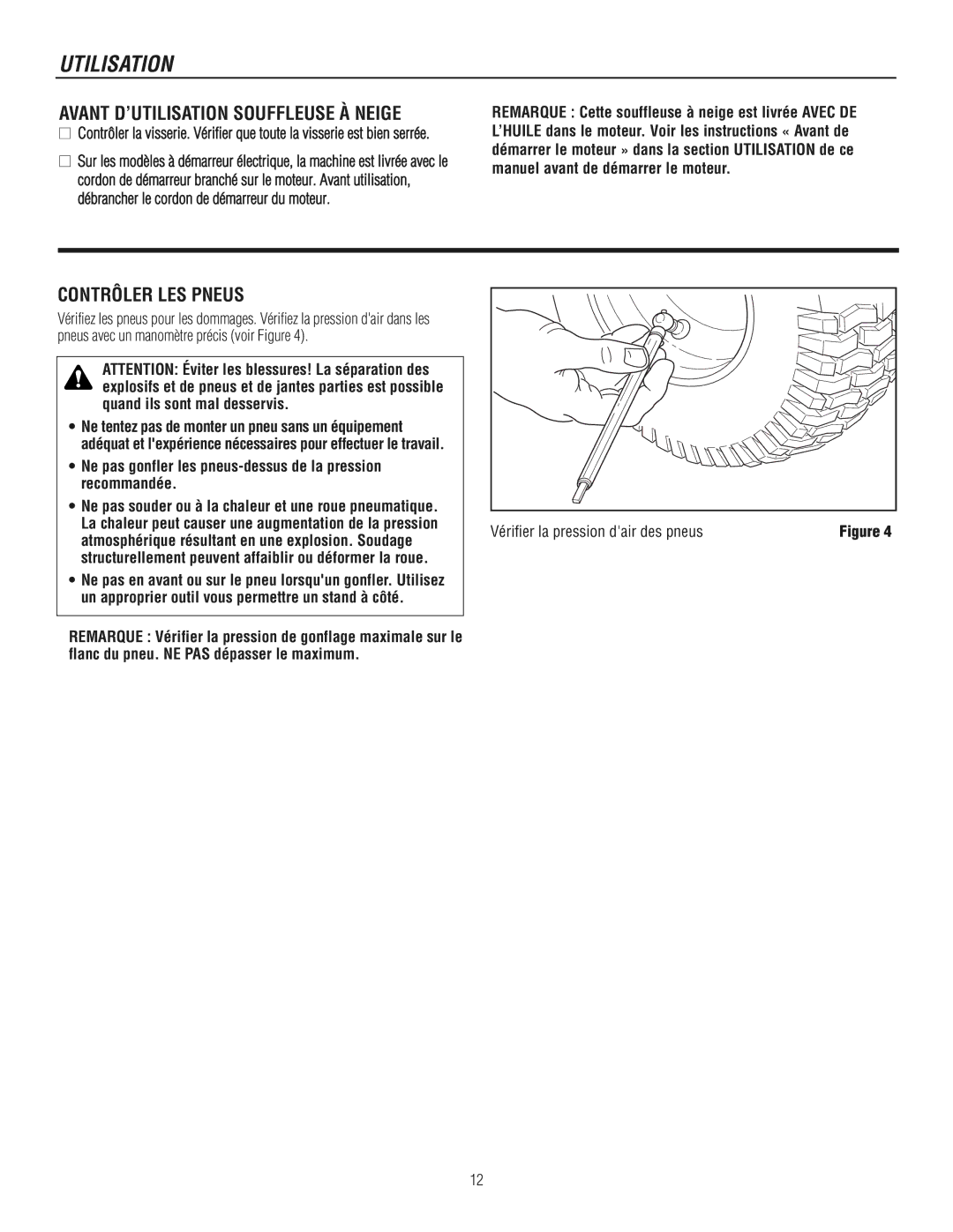 Murray 1695720, 1737921 Avant D’UTILISATION Souffleuse À Neige, Contrôler LES Pneus, Vérifier la pression dair des pneus 