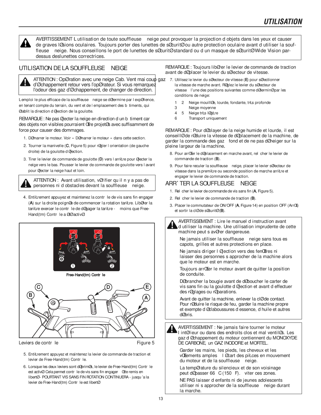 Murray 1737921, 1695720 manual Utilisation DE LA Souffleuse À Neige, Arrêter LA Souffleuse À Neige, Leviers de contrôle 