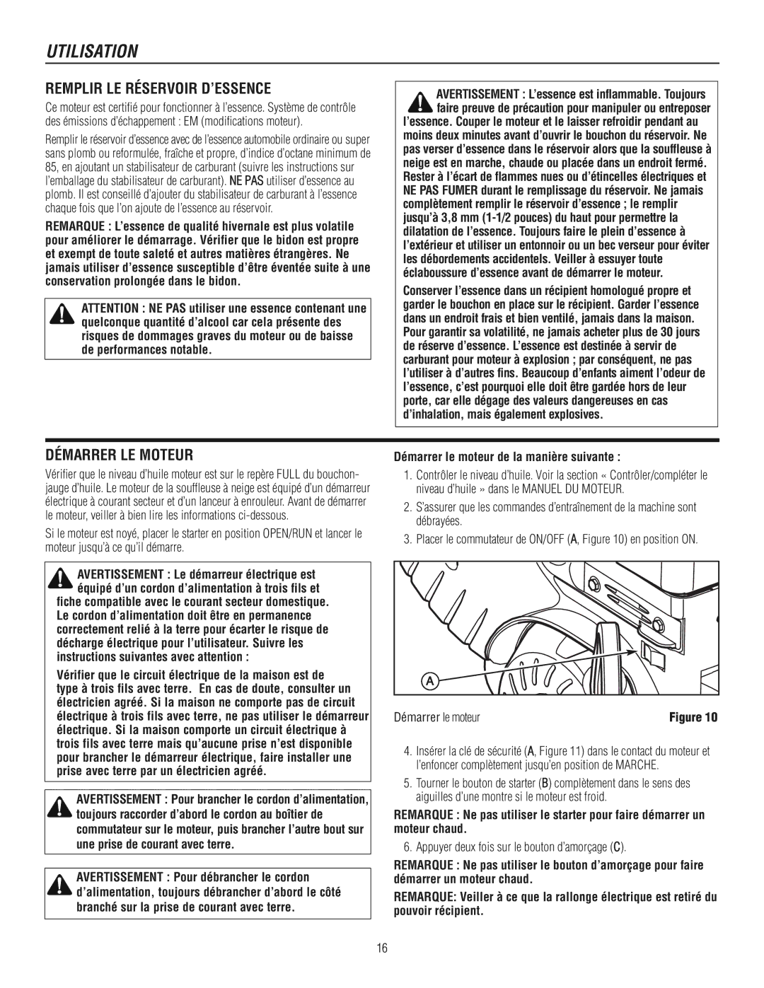 Murray 1695720, 1737921 manual Remplir LE Réservoir D’ESSENCE, Démarrer LE Moteur 