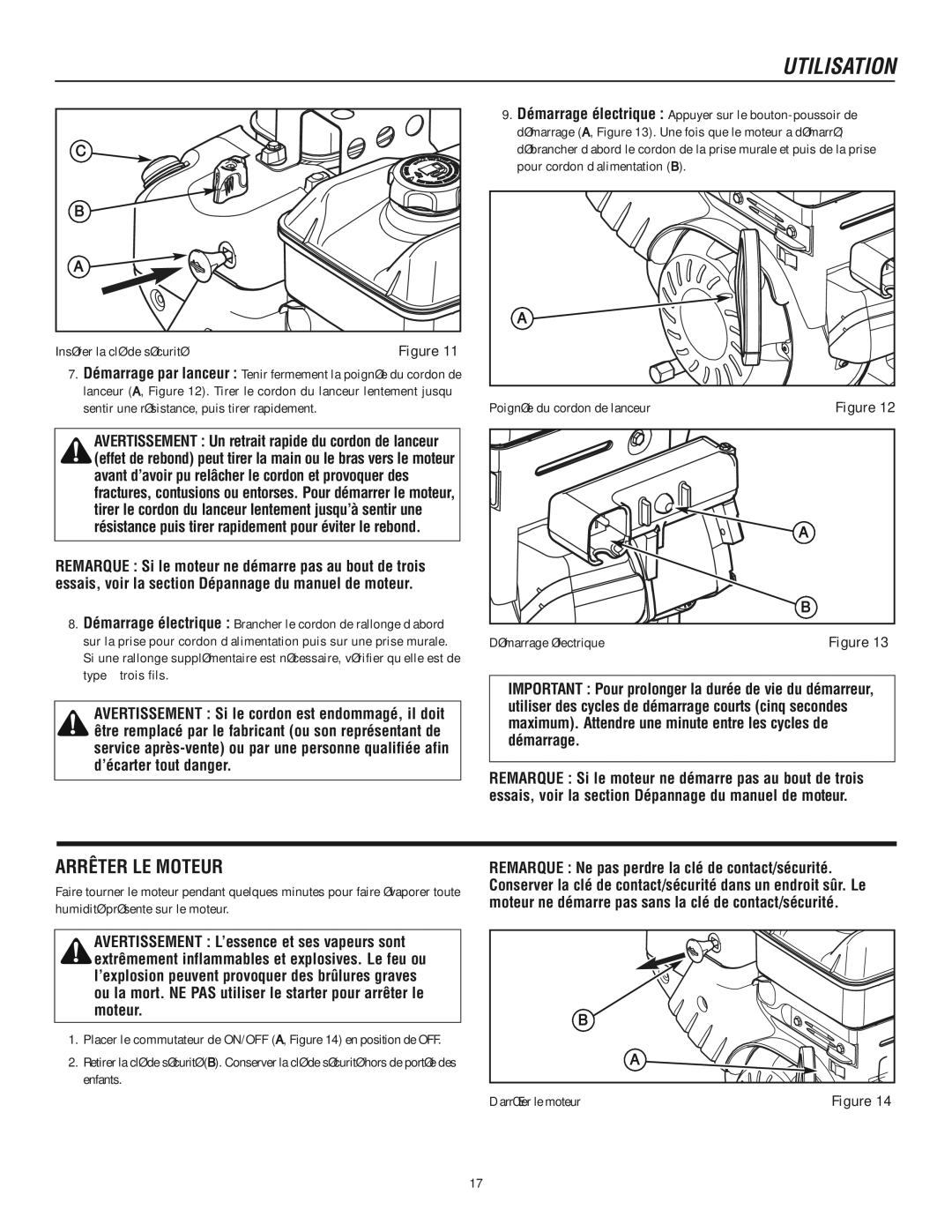 Murray 1737921, 1695720 manual Arrêter LE Moteur, Insérer la clé de sécurité, ’arrêter le moteur 