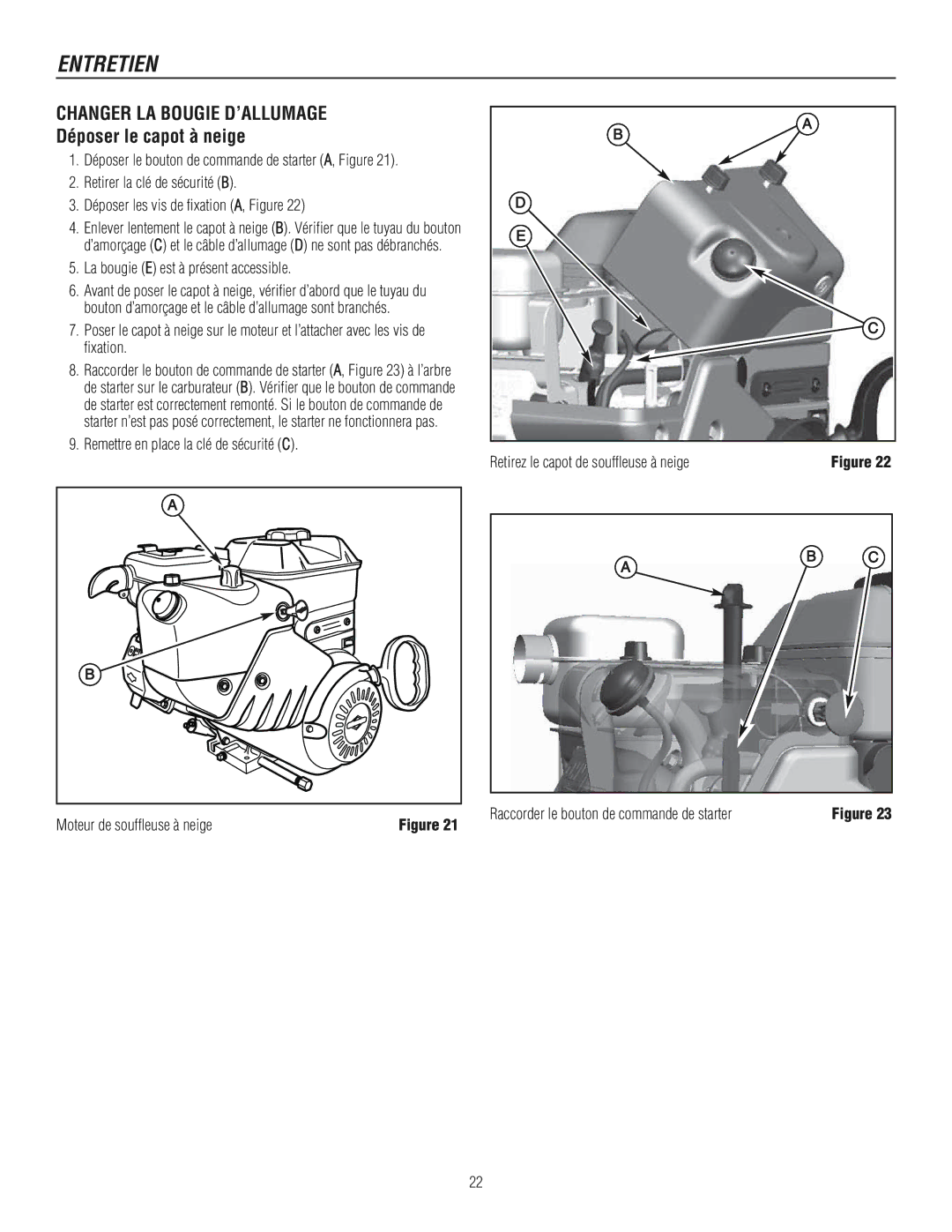 Murray 1695720, 1737921 manual Changer LA Bougie D’ALLUMAGE, Déposer le capot à neige, Moteur de souffleuse à neige 