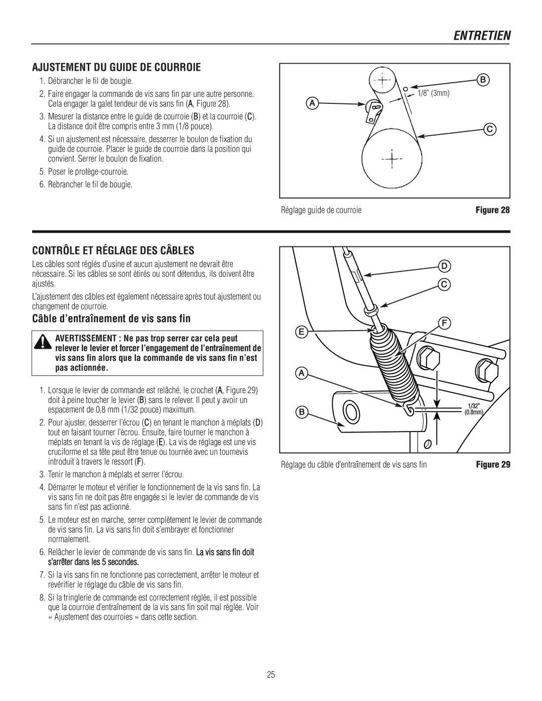 Murray 1737921 manual Ajustement DU Guide DE Courroie, Contrôle ET Réglage DES Câbles, Câble d’entraînement de vis sans fin 