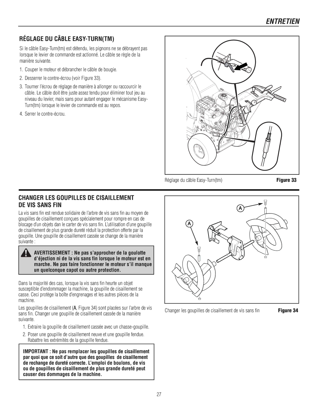 Murray 1737921, 1695720 manual Changer LES Goupilles DE Cisaillement DE VIS Sans FIN, Suivante 