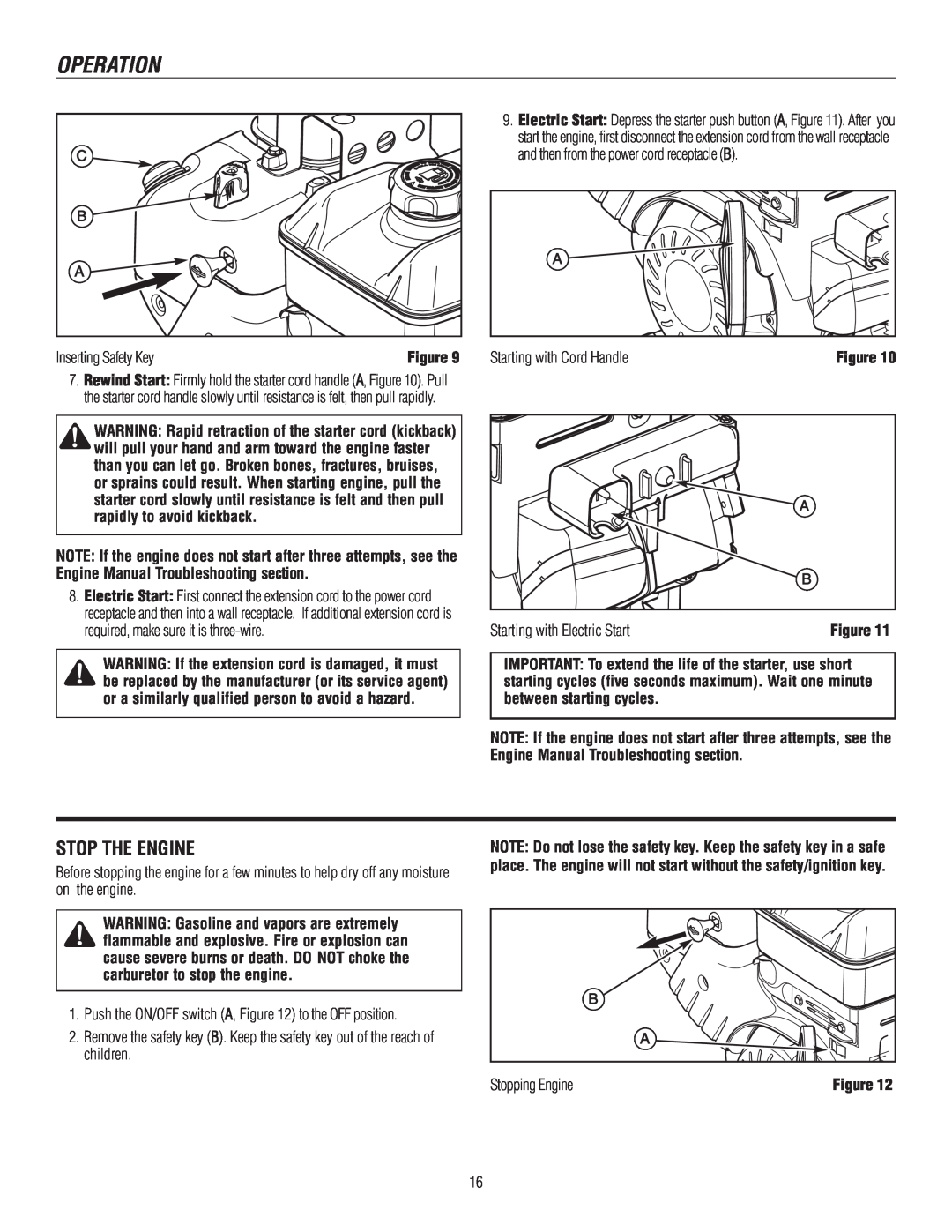 Murray 1695722, 1737920 manual Stop The Engine, Operation, and then from the power cord receptacle B, Inserting Safety Key 