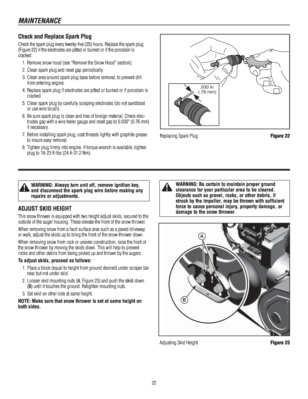 Murray 1695722, 1737920 manual Check and Replace Spark Plug, Adjust Skid Height, Maintenance, Adjusting Skid Height 