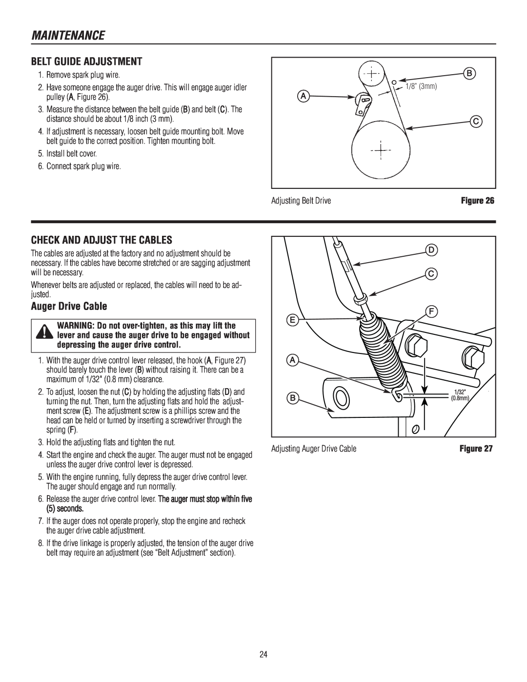 Murray 1695722, 1737920 manual Belt Guide Adjustment, Check And Adjust The Cables, Auger Drive Cable, Maintenance 