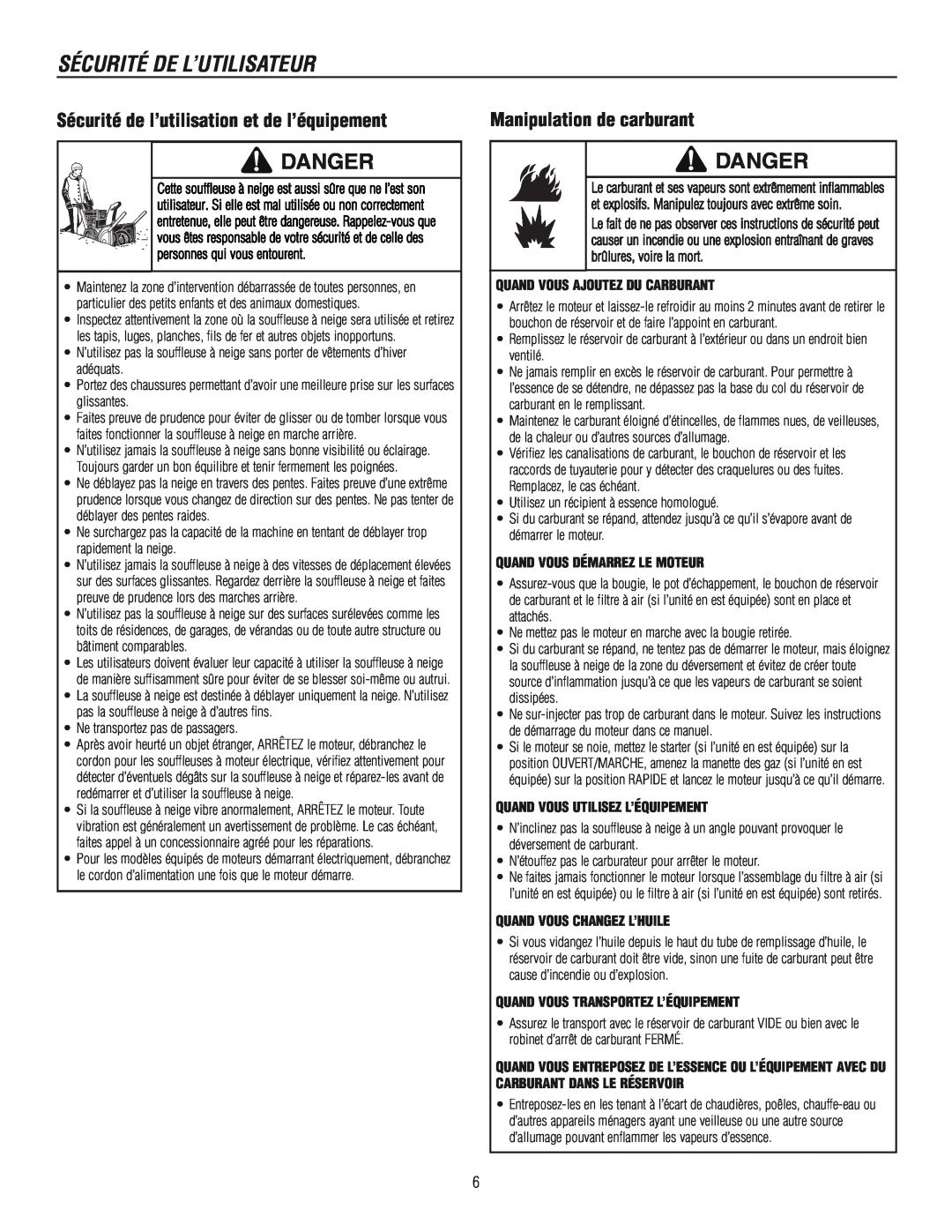 Murray 1695722 Sécurité de l’utilisation et de l’équipement, Manipulation de carburant, Sécurité De L’Utilisateur, Danger 