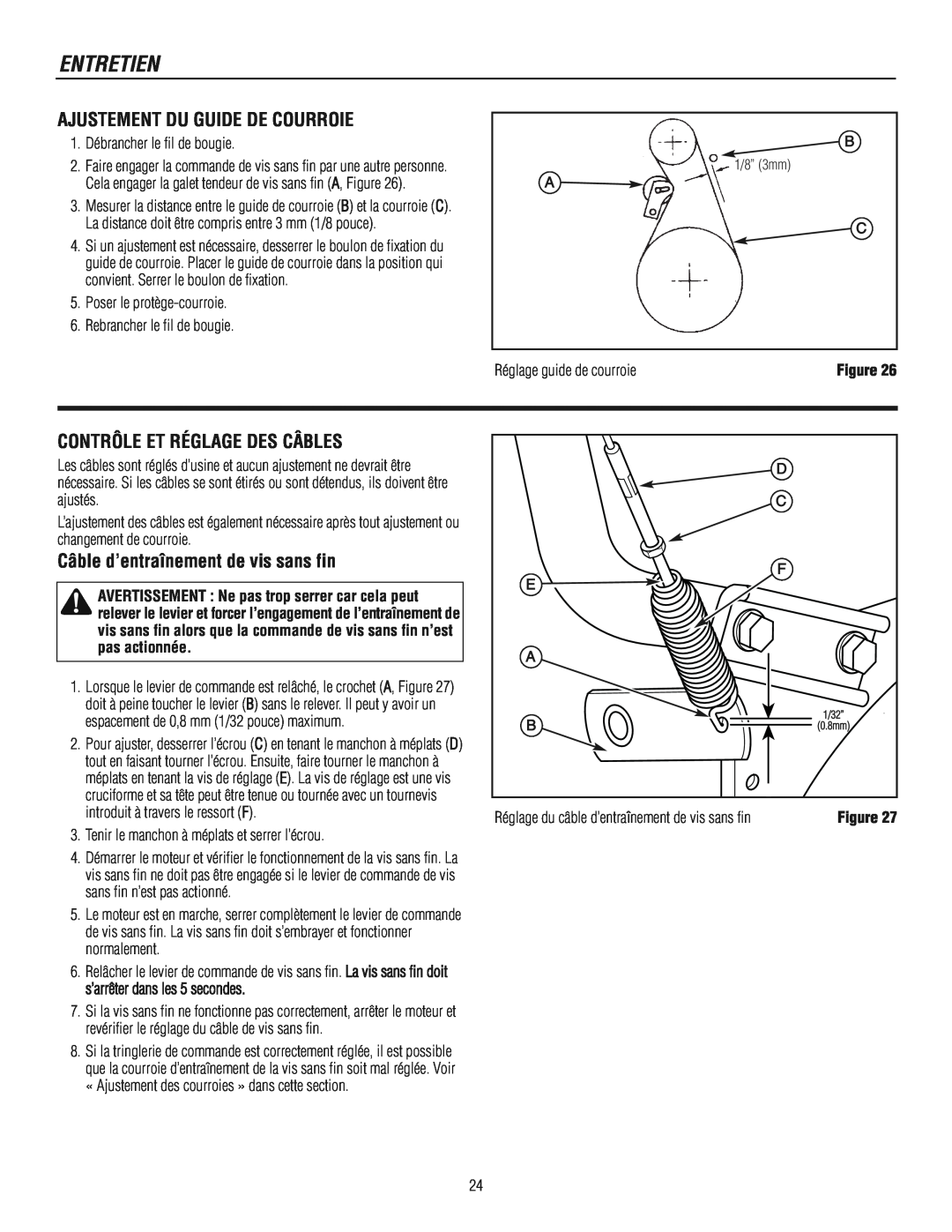 Murray 1695722 manual Ajustement Du Guide De Courroie, Contrôle Et Réglage Des Câbles, Câble d’entraînement de vis sans fin 