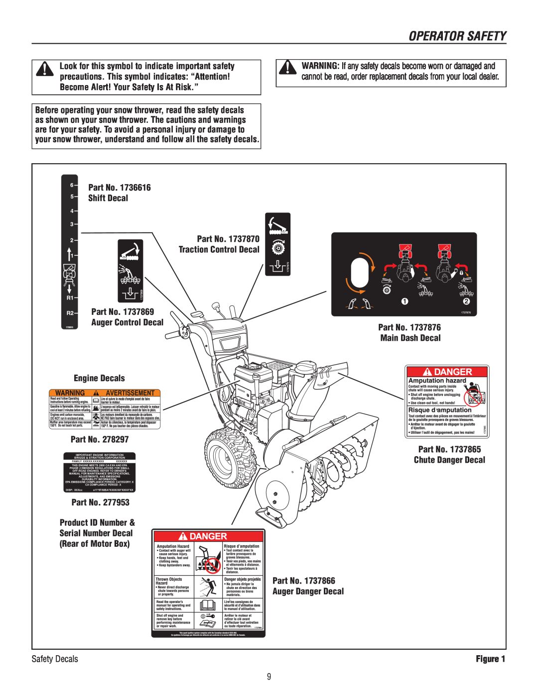 Murray 1737920 Operator Safety, Chute Danger Decal, Traction Control Decal, Engine Decals, Important Engine Information 