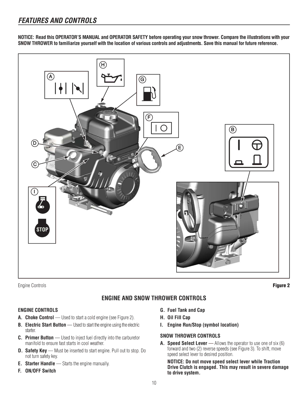 Murray 1695722, 1737920 manual Features and Controls, Engine and Snow Thrower Controls 