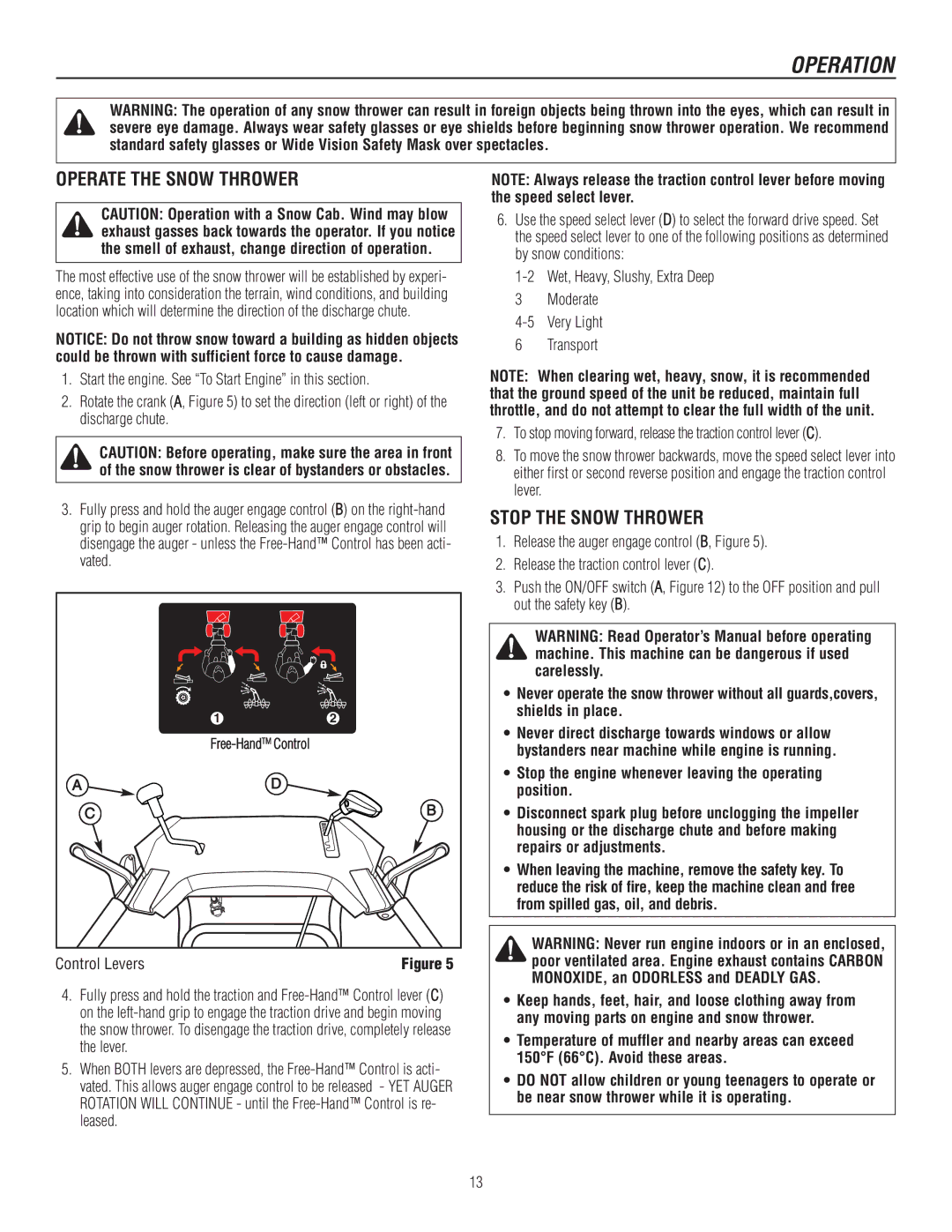 Murray 1737920, 1695722 manual Operate the Snow Thrower, Stop the Snow Thrower, Control Levers 