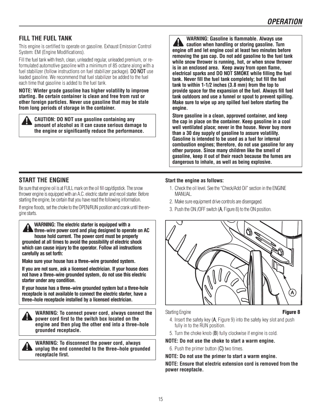 Murray 1737920, 1695722 manual Fill the Fuel Tank, Start the Engine, Starting Engine 