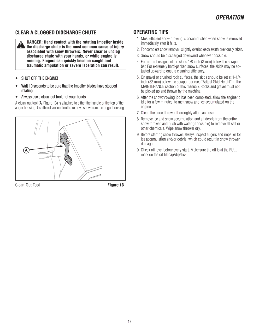 Murray 1737920, 1695722 manual Clear a Clogged Discharge Chute, Operating Tips 