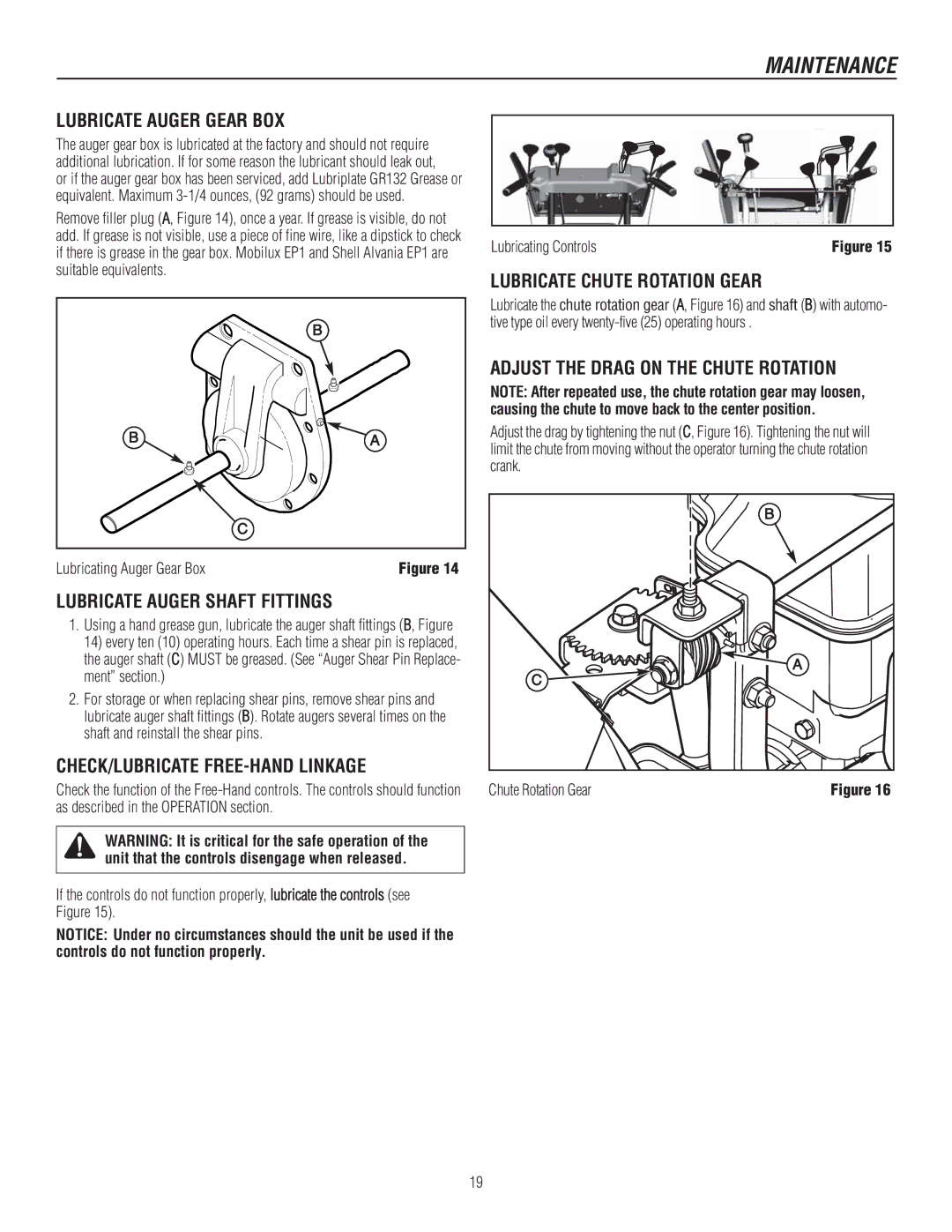 Murray 1737920, 1695722 manual Lubricate Auger Gear BOX, Lubricate Auger Shaft Fittings, CHECK/LUBRICATE FREE-HAND Linkage 