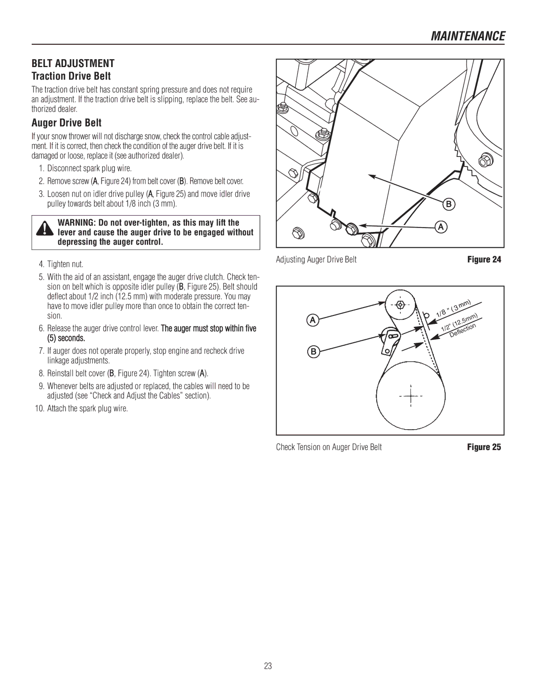 Murray 1737920, 1695722 manual Belt Adjustment, Seconds, Check Tension on Auger Drive Belt 