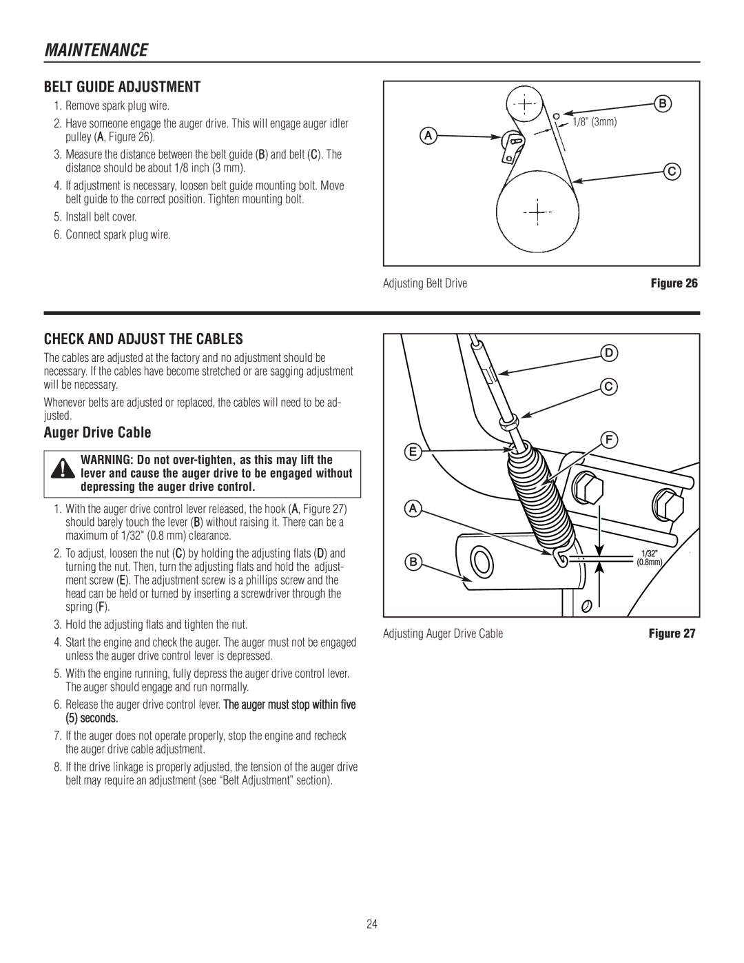 Murray 1695722 manual Belt Guide Adjustment, Check and Adjust the Cables, Adjusting Belt Drive, Adjusting Auger Drive Cable 