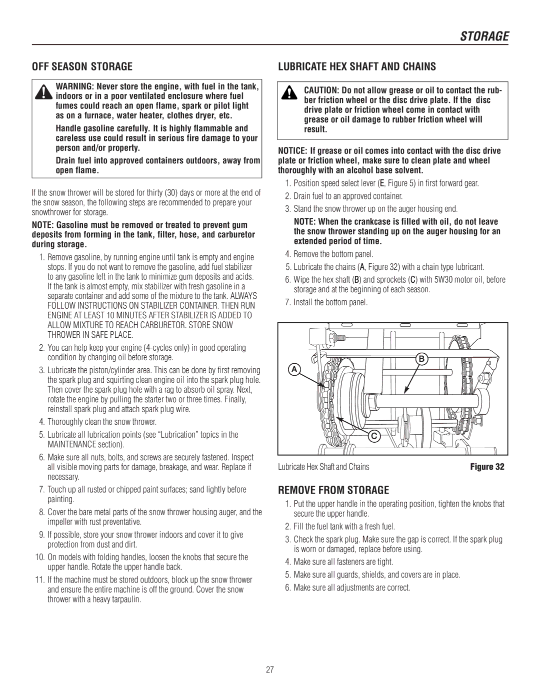 Murray 1737920, 1695722 manual OFF Season Storage, Remove from Storage 