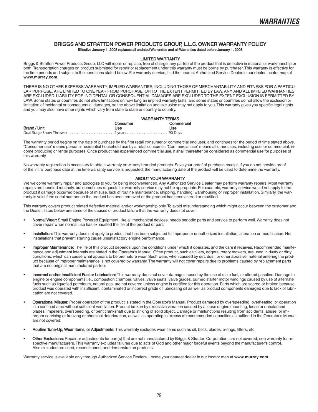 Murray 1737920, 1695722 manual Warranties, Limited Warranty 