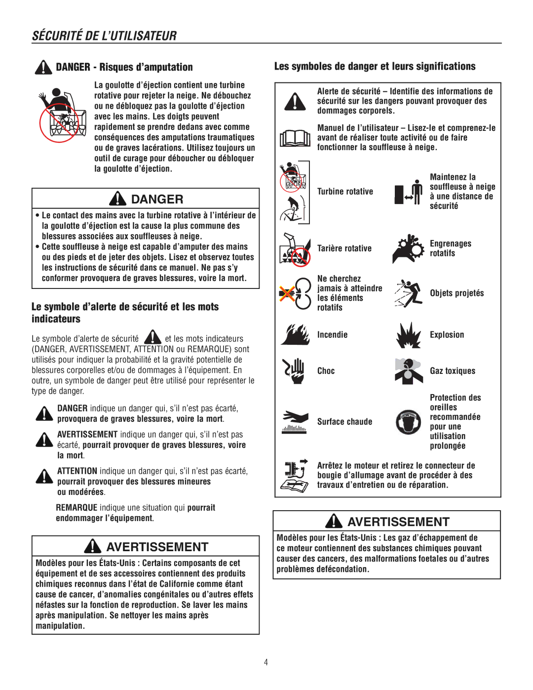 Murray 1695722, 1737920 manual Ou modérées, Rotatifs, Protection des oreilles Surface chauderecommandée pour une 