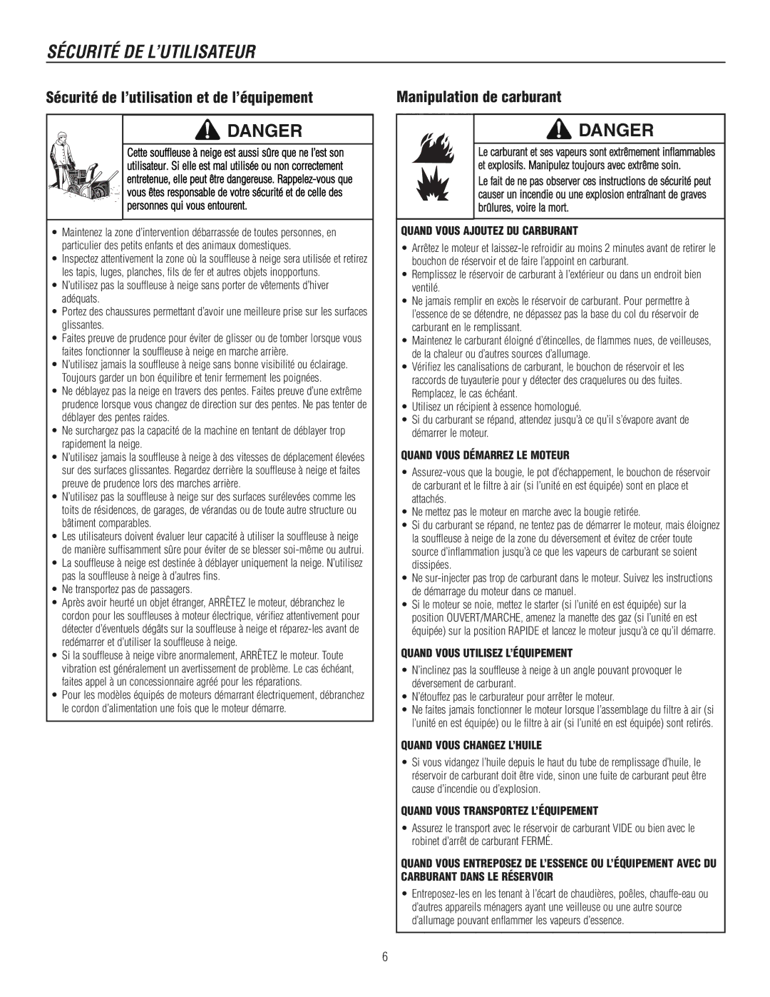 Murray 1695722, 1737920 manual Sécurité de l’utilisation et de l’équipement 