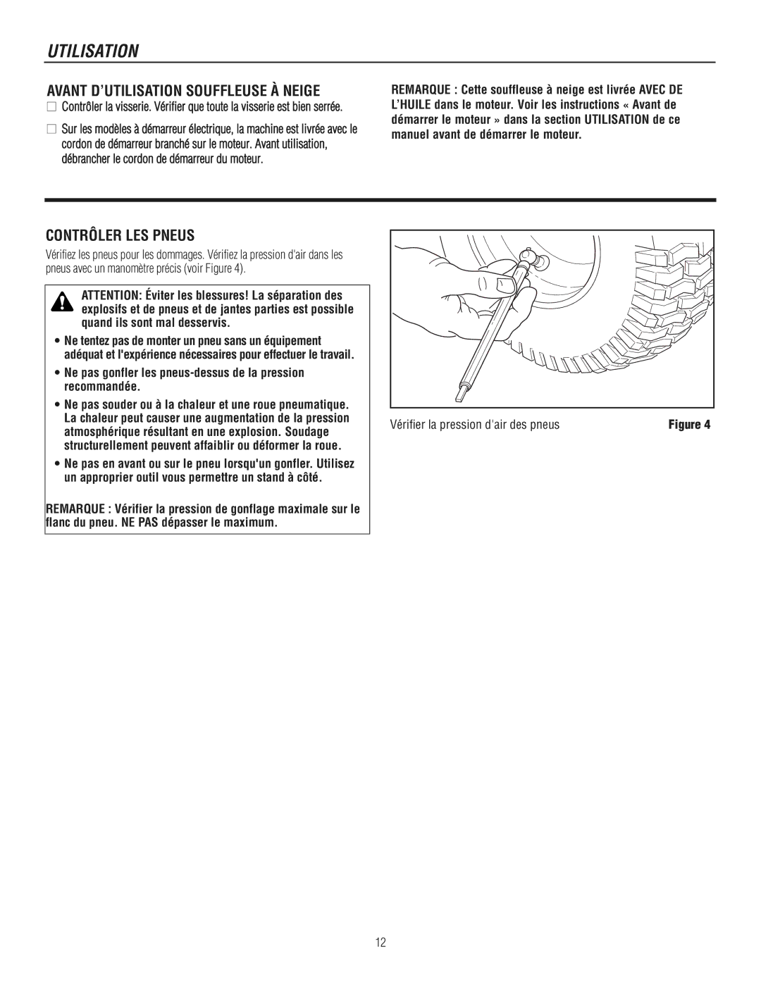 Murray 1695722, 1737920 Avant D’UTILISATION Souffleuse À Neige, Contrôler LES Pneus, Vérifier la pression dair des pneus 